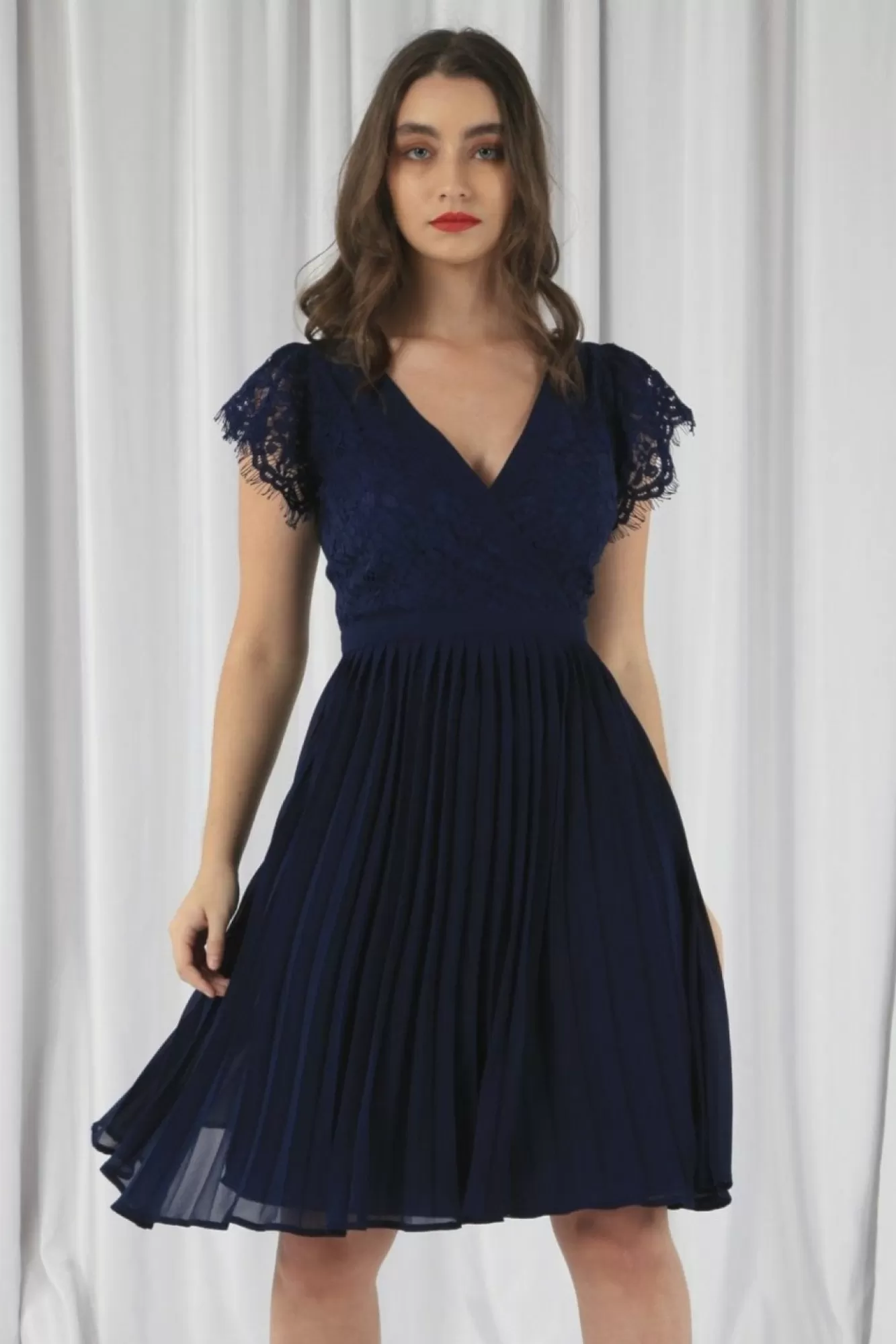 Mini Dresses^Double Second Wrap Lace Chiffon Dress Navy