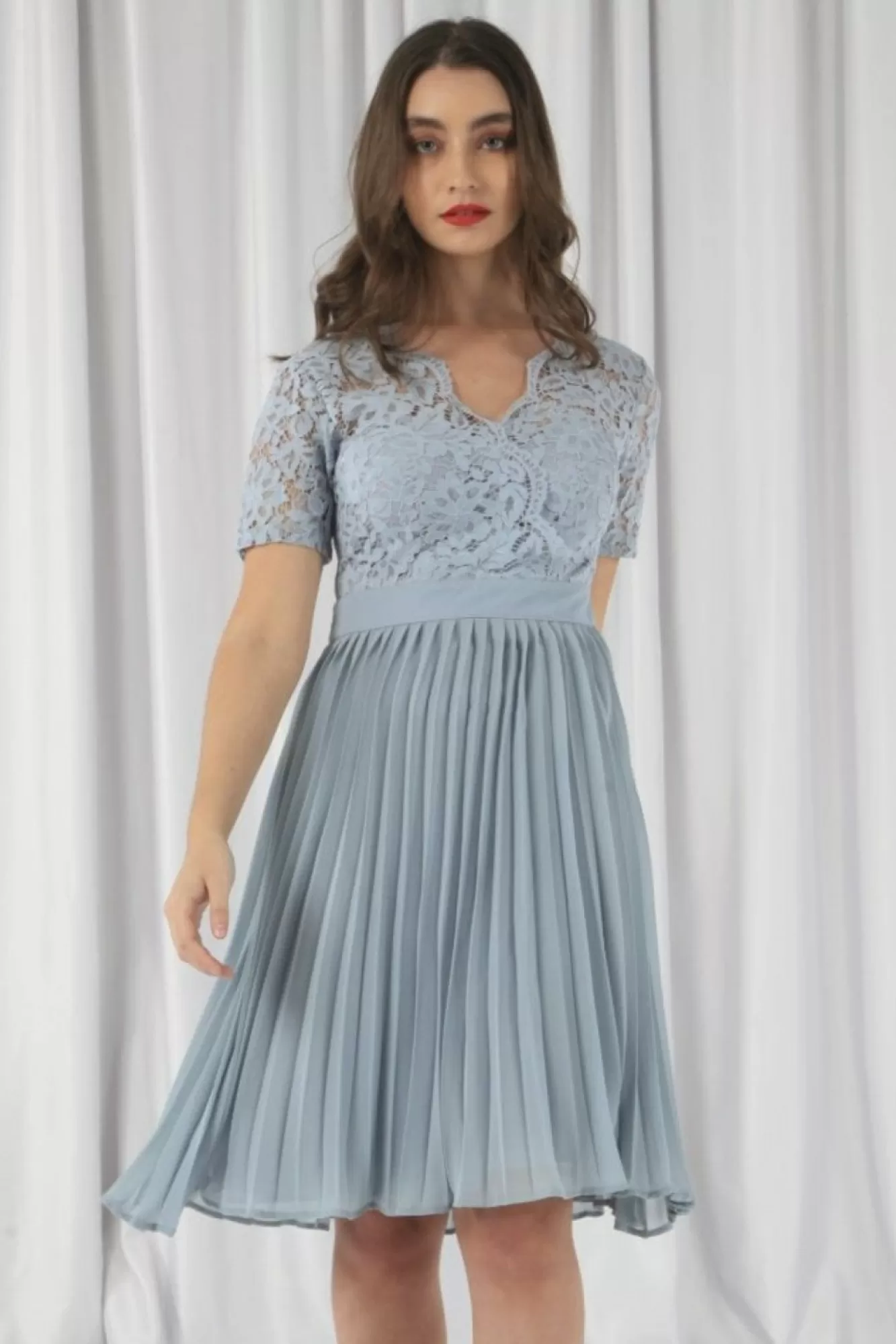 Mini Dresses^Double Second Wrap Lace Pleated Dress Paleblue