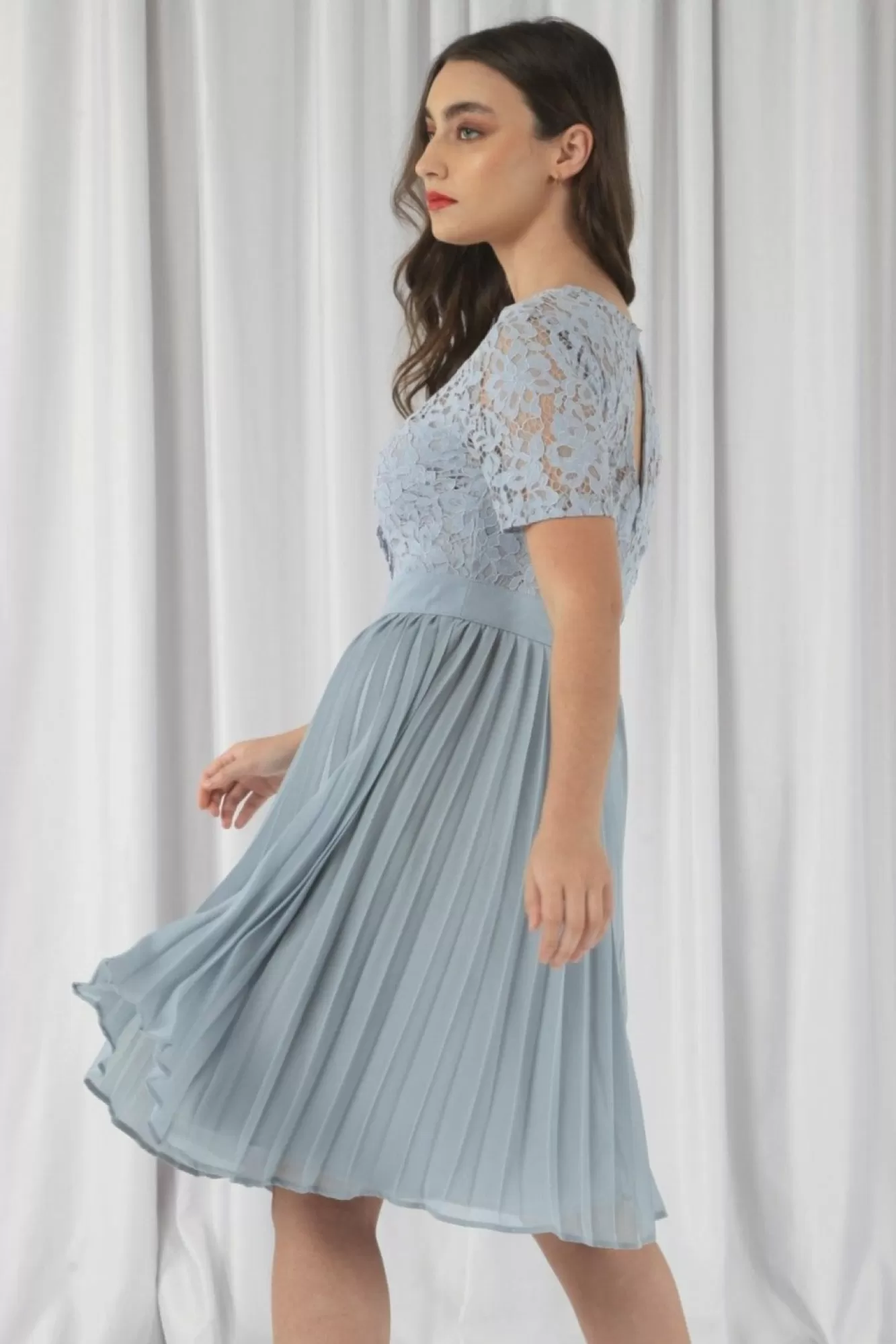 Mini Dresses^Double Second Wrap Lace Pleated Dress Paleblue
