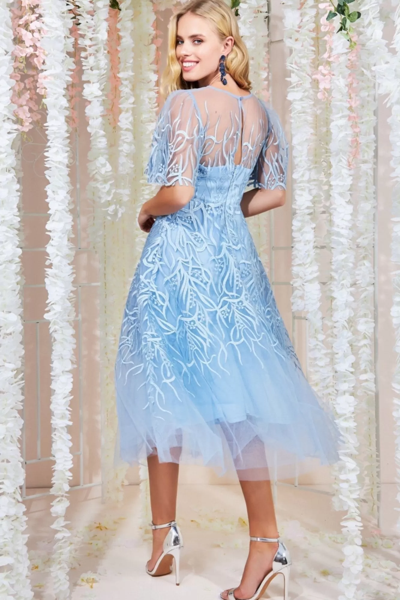 Midi Dresses^* Embroidered Mesh Midi Dress - Powder Blue Powderblue
