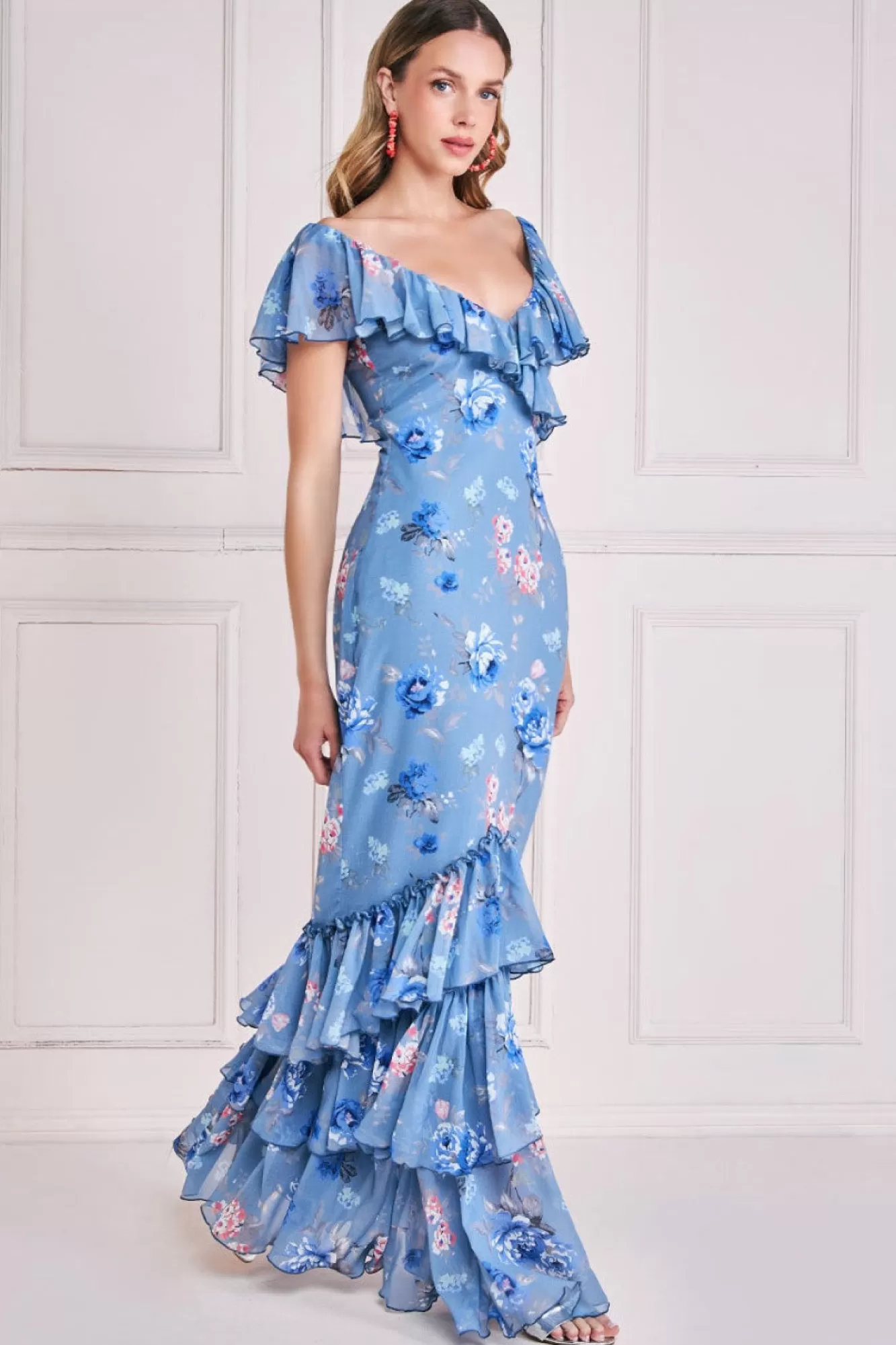 Maxi Dresses^* Floral Printed Chiffon Ruffle Maxi Blue