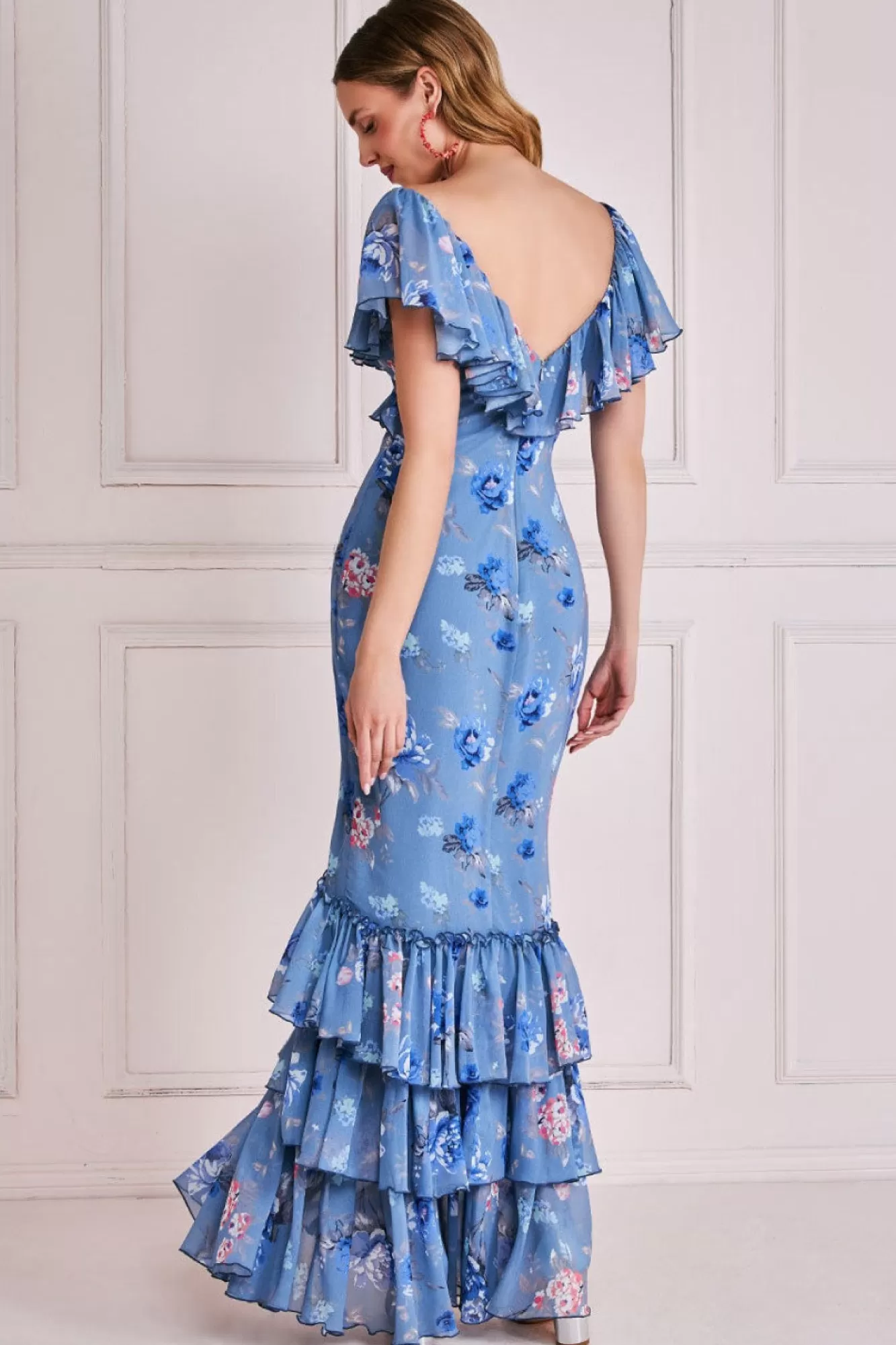 Maxi Dresses^* Floral Printed Chiffon Ruffle Maxi Blue