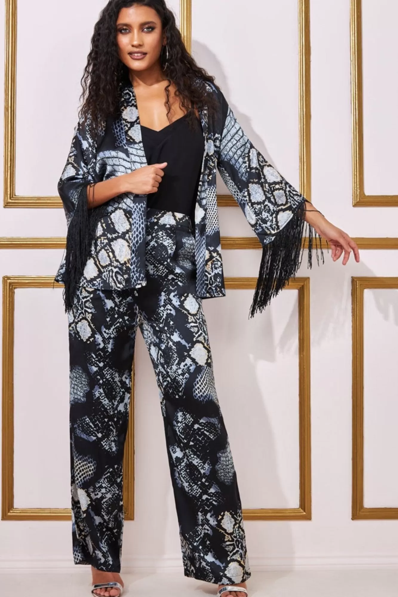 Trousers^* Foil Print Wide Leg Trousers Black