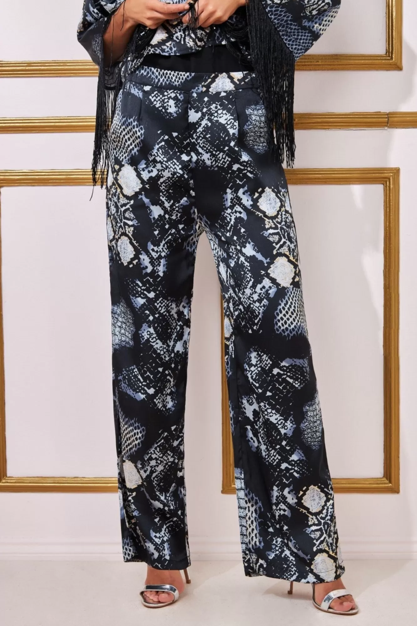 Trousers^* Foil Print Wide Leg Trousers Black