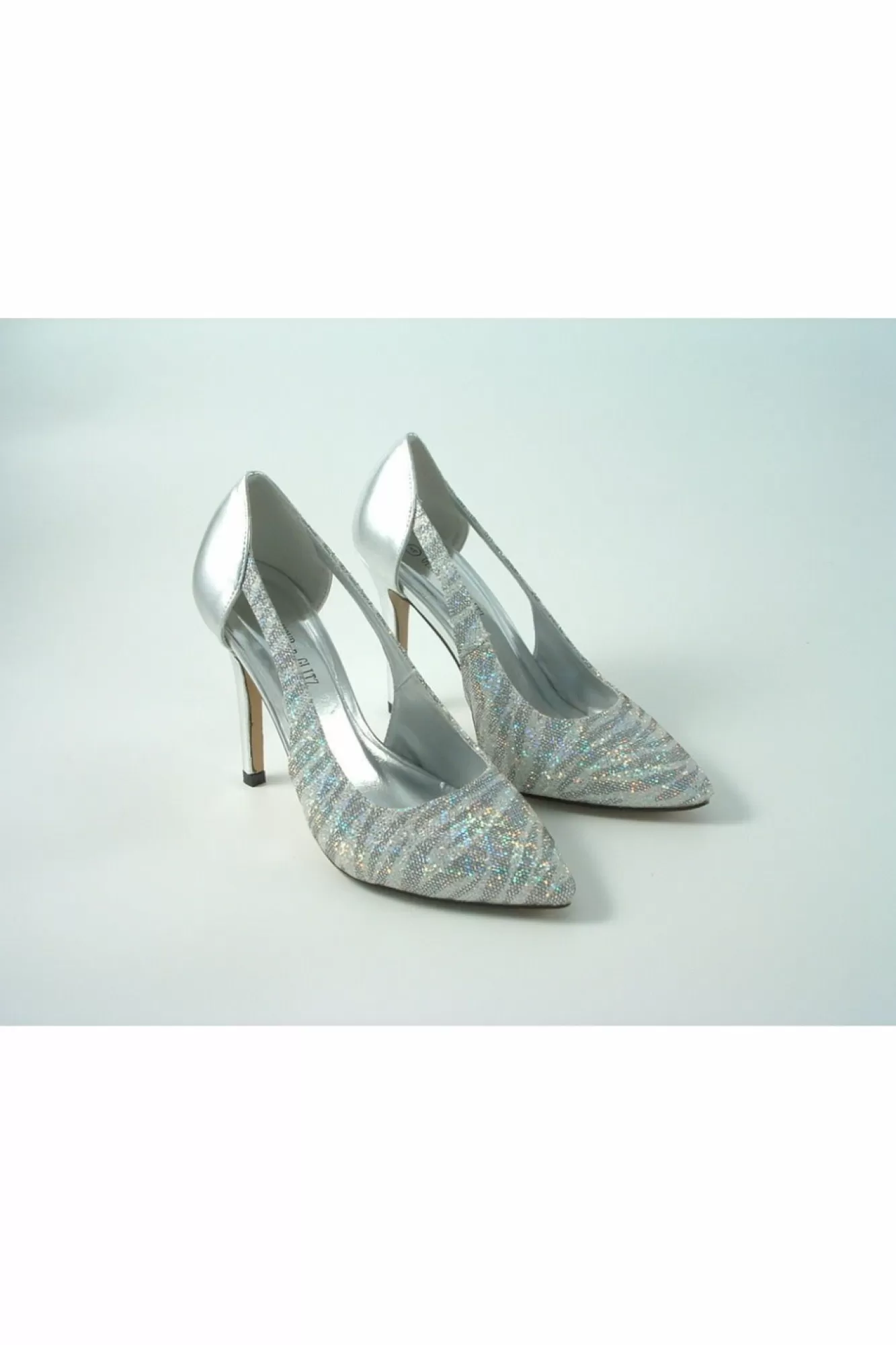 High Heels^Glitz Shoes Glimmer Glamour N Glitz Metallic Open Side Shoe Silver