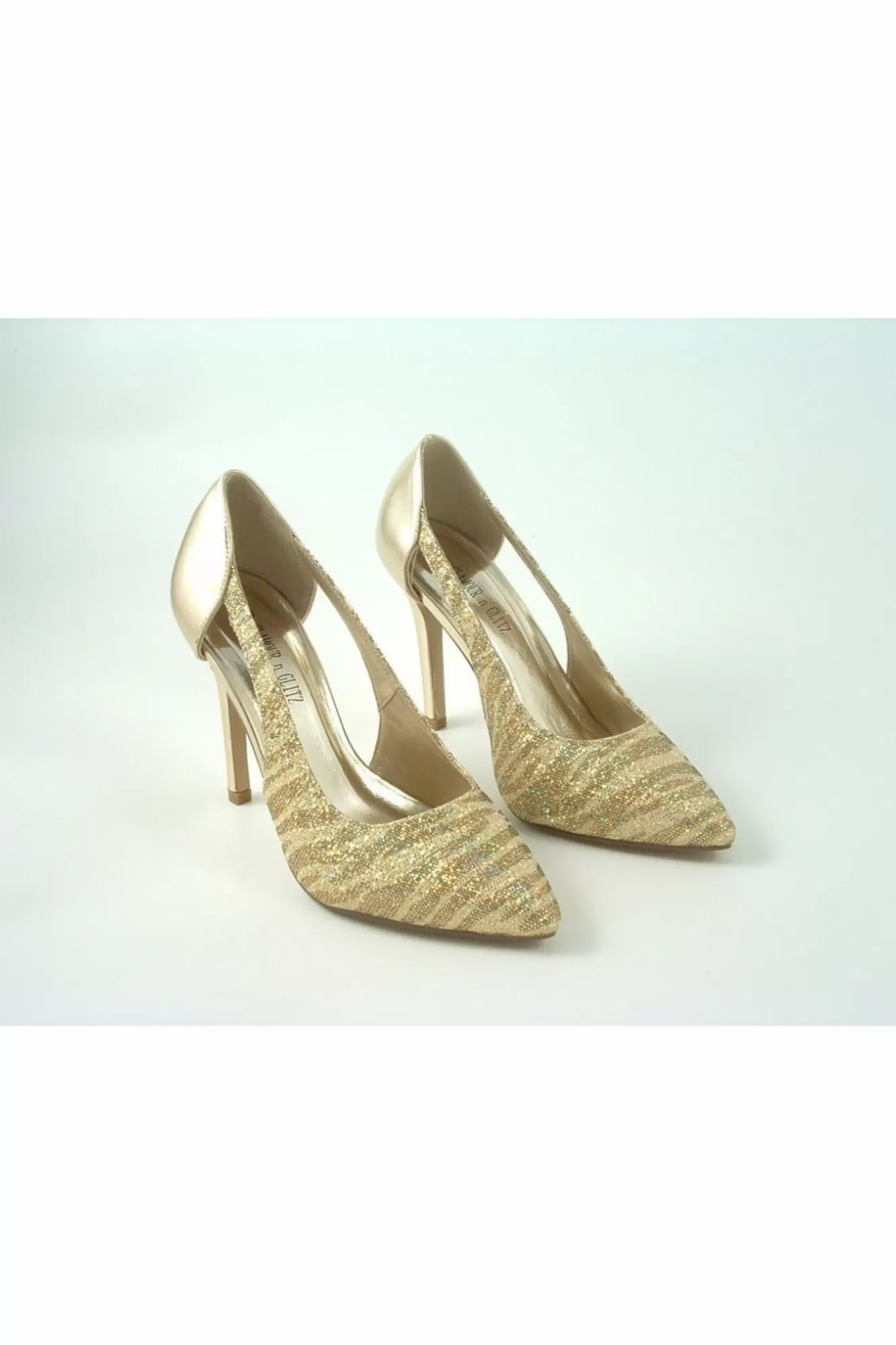 High Heels^Glitz Shoes Glimmer Glamour N Glitz Metallic Open Side Shoe Gold