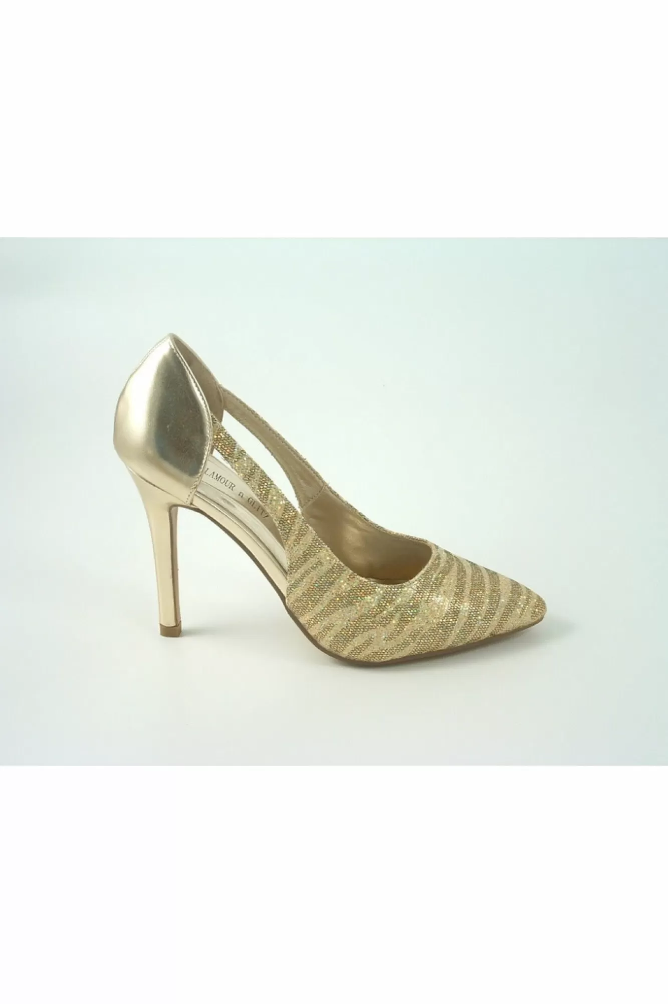 High Heels^Glitz Shoes Glimmer Glamour N Glitz Metallic Open Side Shoe Gold