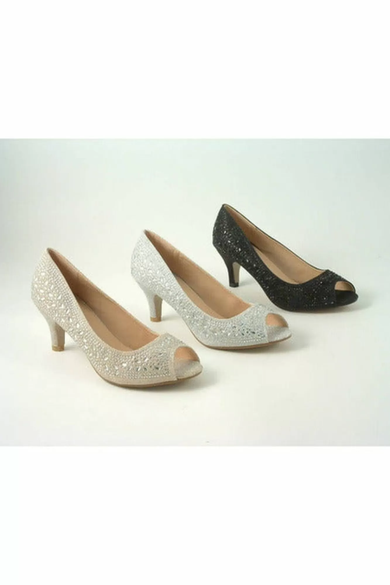 Mid Heels^Glitz Shoes Margo Glitter Diamante Mid Heel Peep Toe Shoe