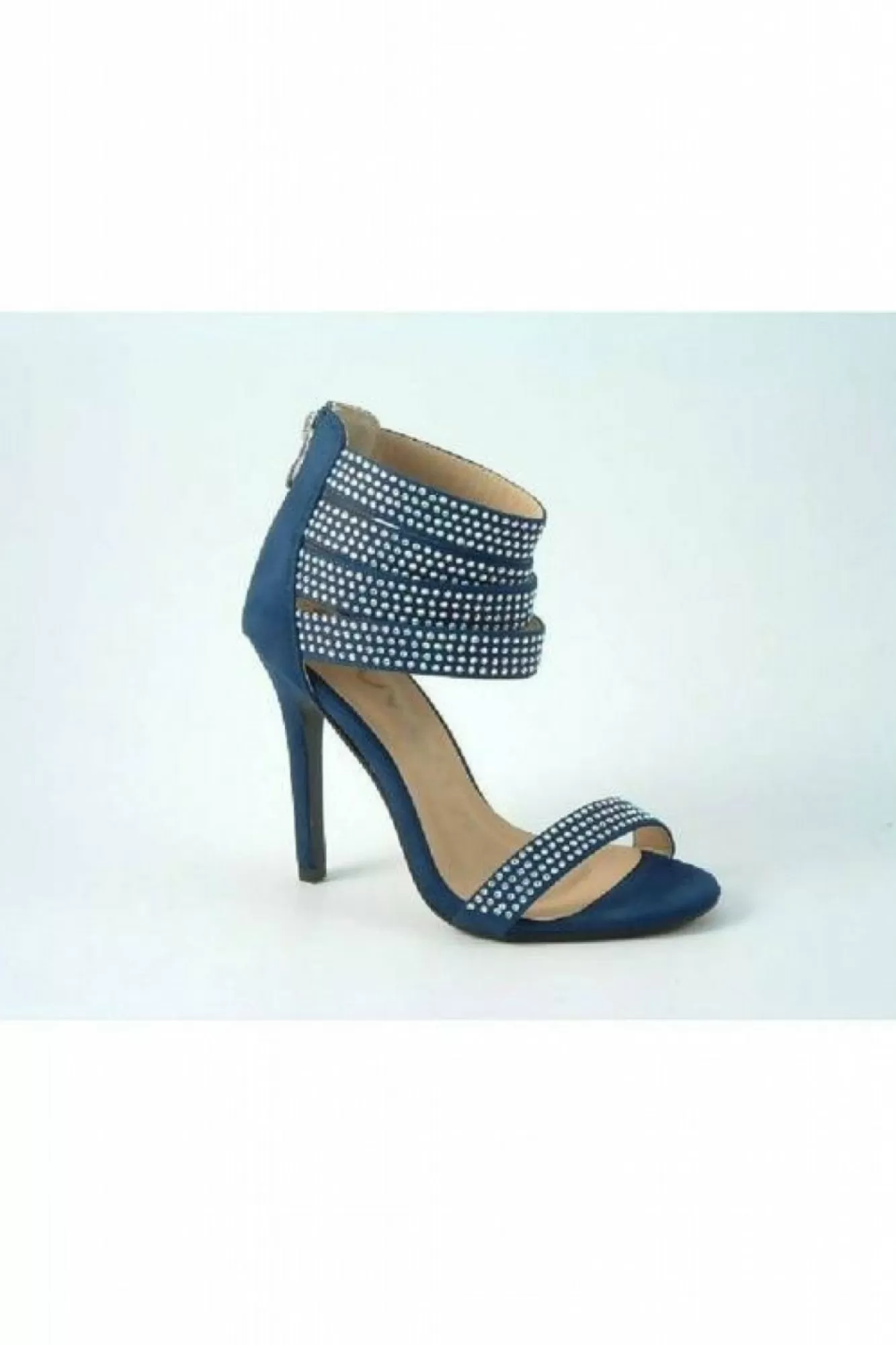 Sandals^Glitz Shoes Ora Divine Diamante Faux Suede Strap Heeled Sand Blue
