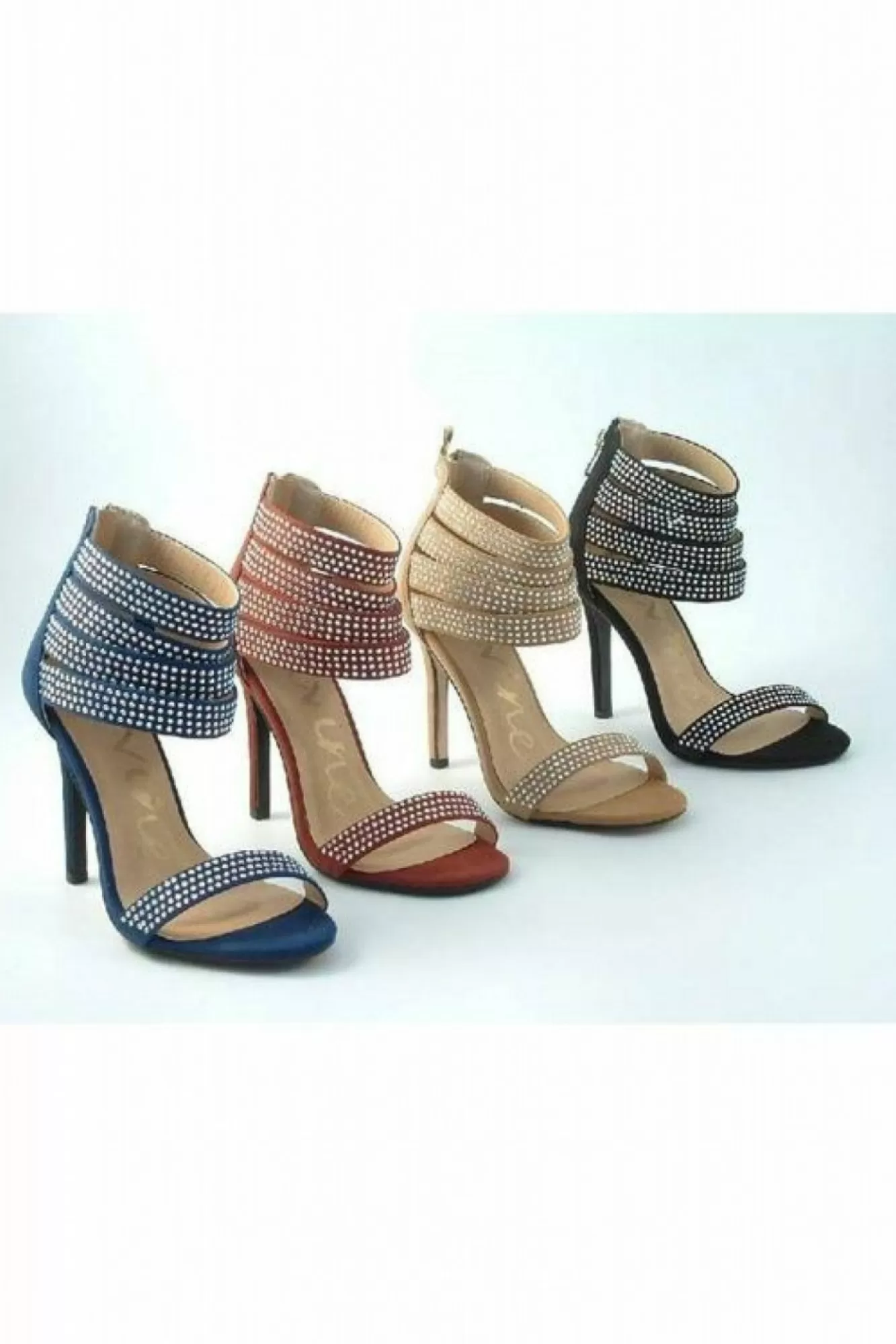 Sandals^Glitz Shoes Ora Divine Diamante Faux Suede Strap Heeled Sand Blue
