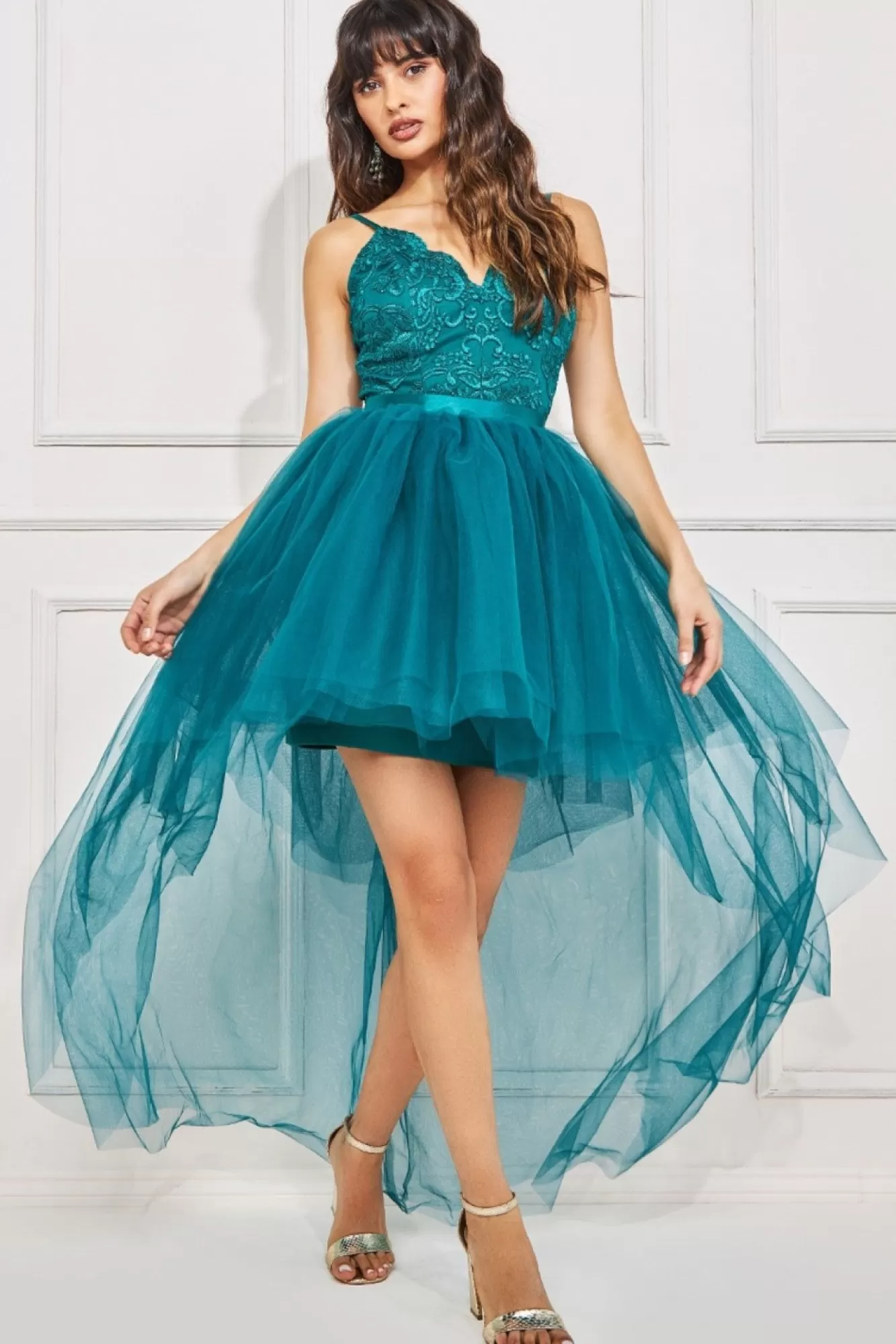 Midi Dresses^* High Low Tulle Midi With Lace Bodice Emerald