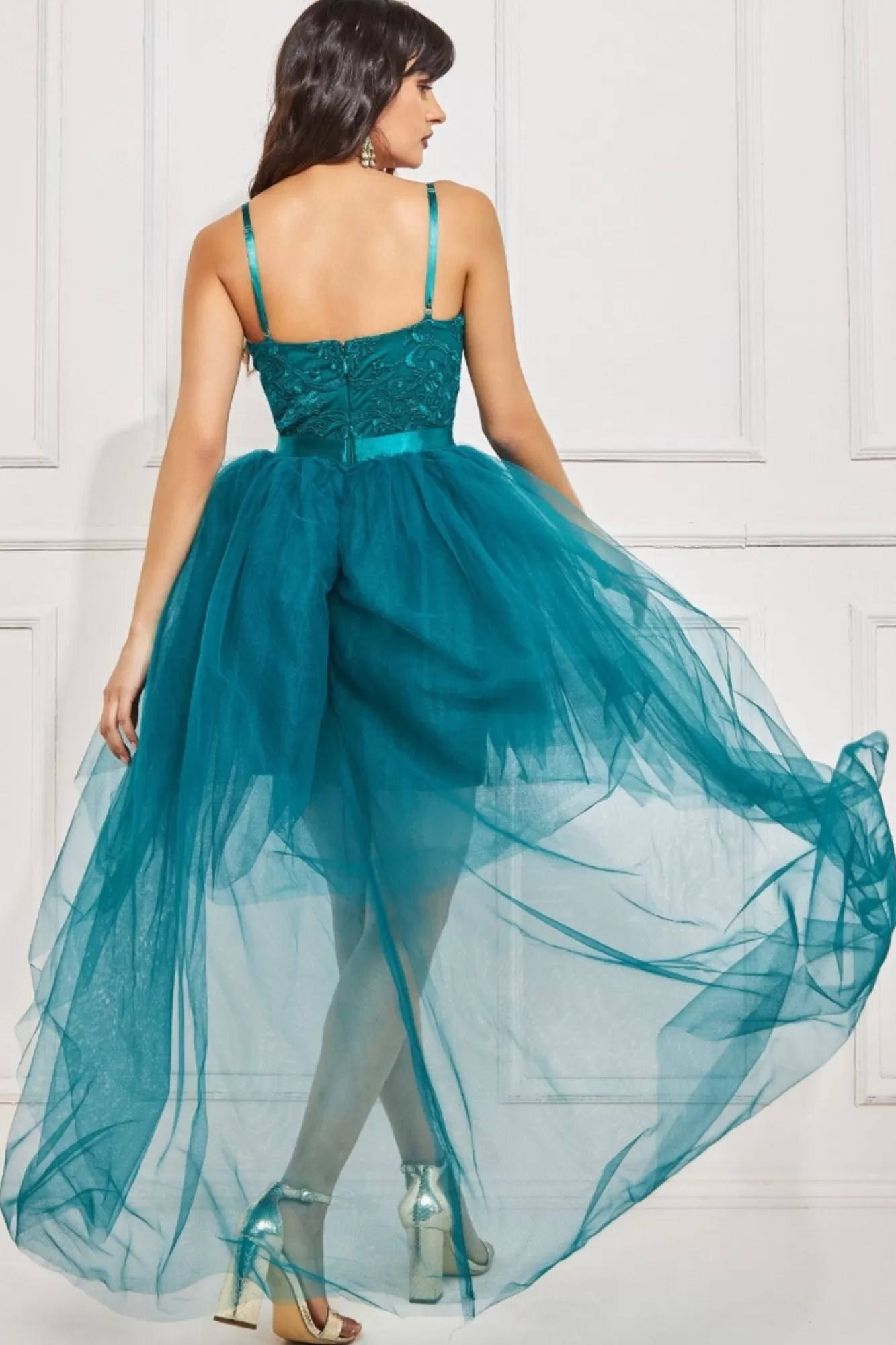 Midi Dresses^* High Low Tulle Midi With Lace Bodice Emerald
