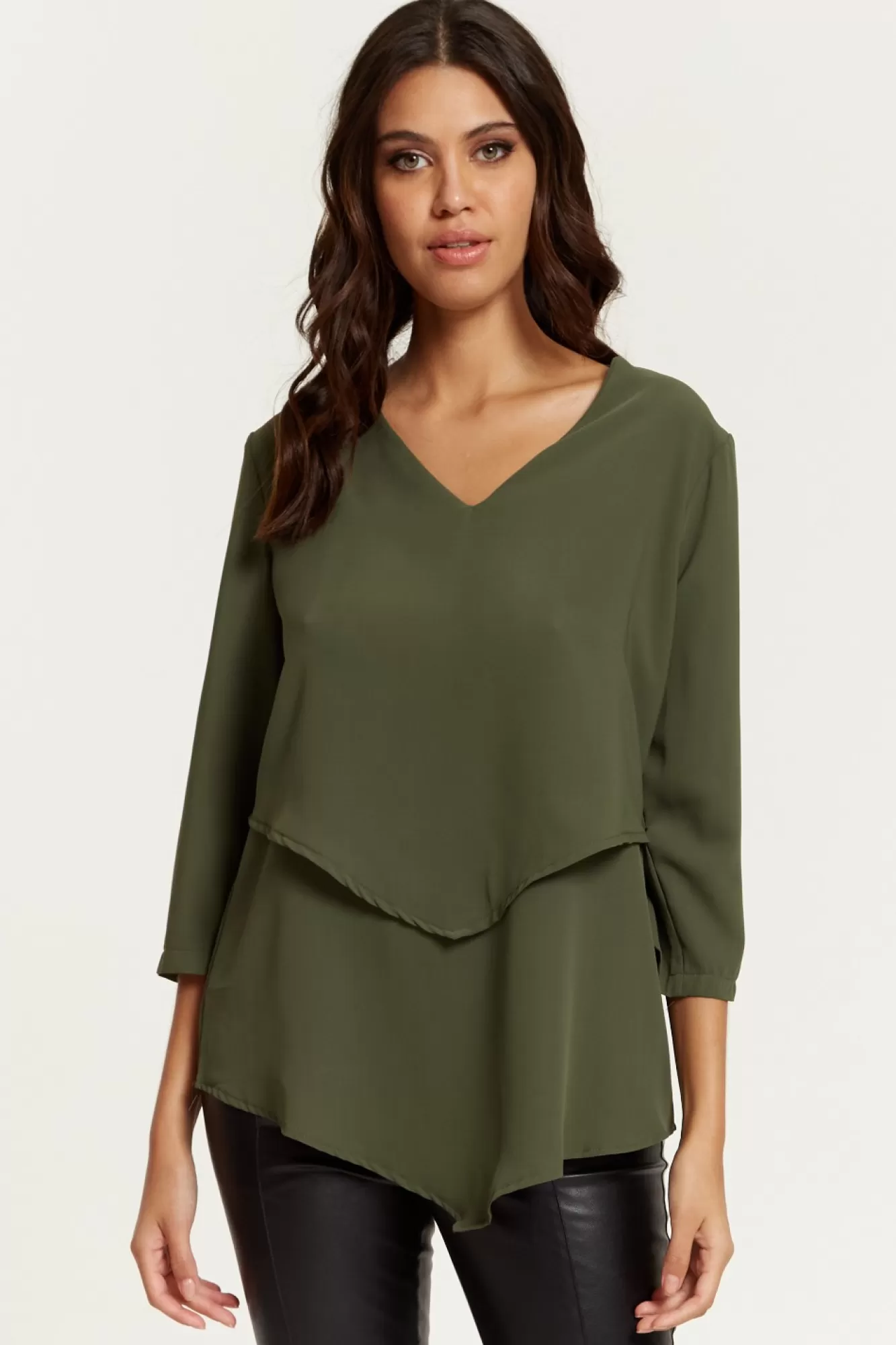 Blouses^Hoxton Gal 3/4 Sleeves V Neck Layered Relaxed Fit Top Khaki