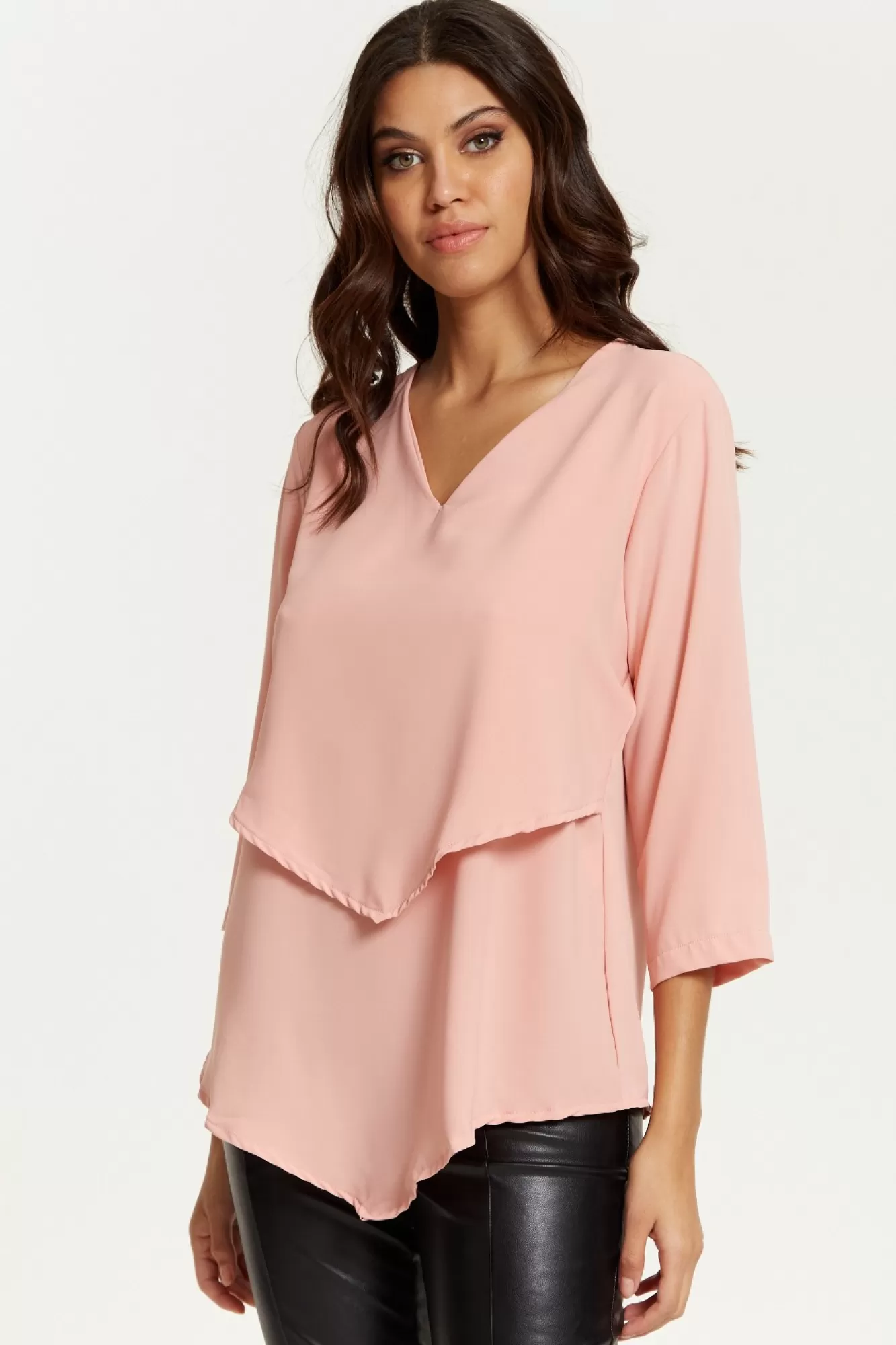 Blouses^Hoxton Gal 3/4 Sleeves V Neck Layered Relaxed Fit Top Pink