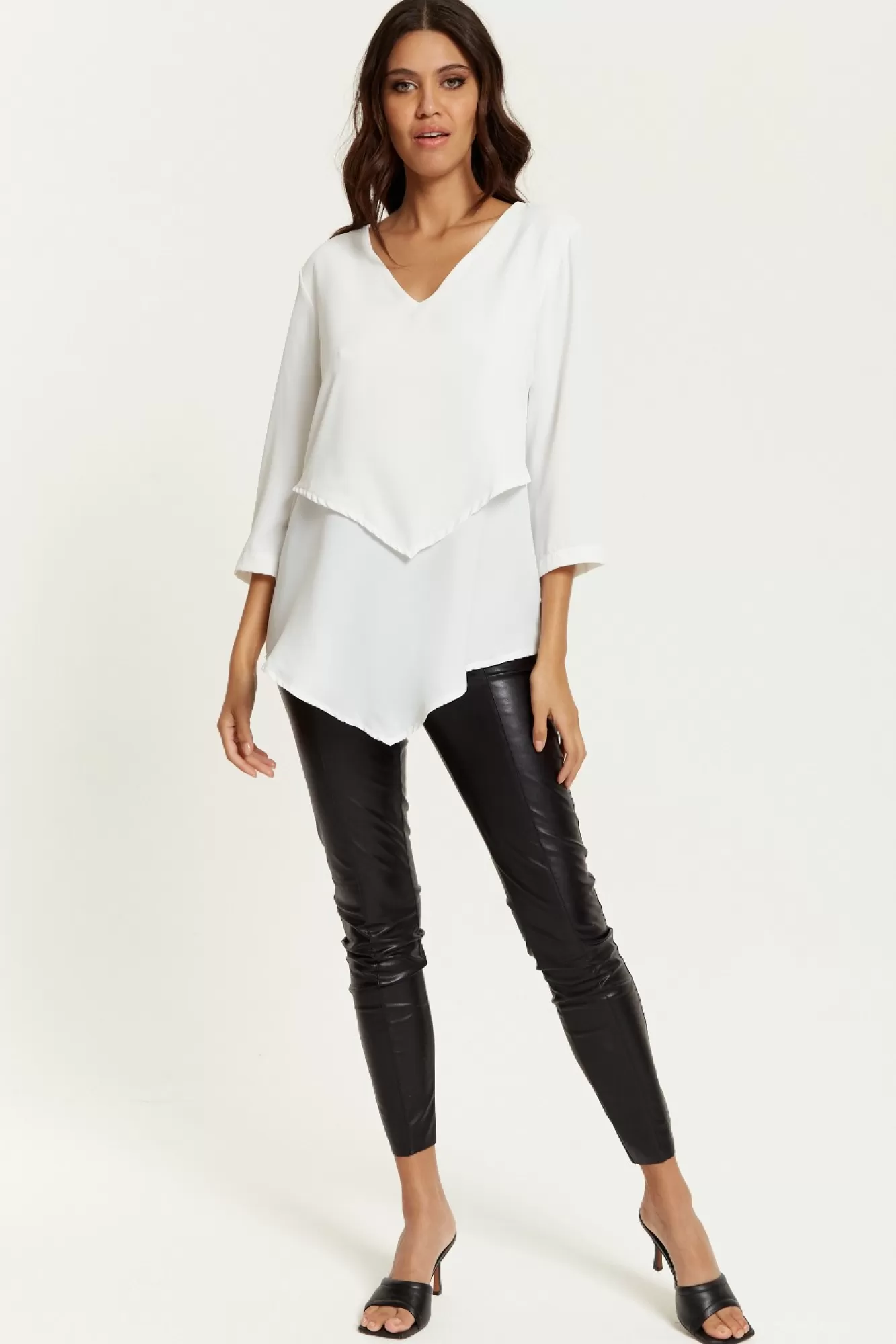 Blouses^Hoxton Gal 3/4 Sleeves V Neck Layered Relaxed Fit Top White