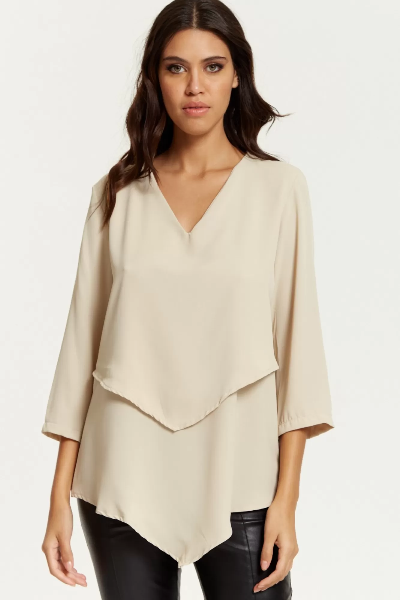 Blouses^Hoxton Gal 3/4 Sleeves V Neck Layered Relaxed Fit Top Beige
