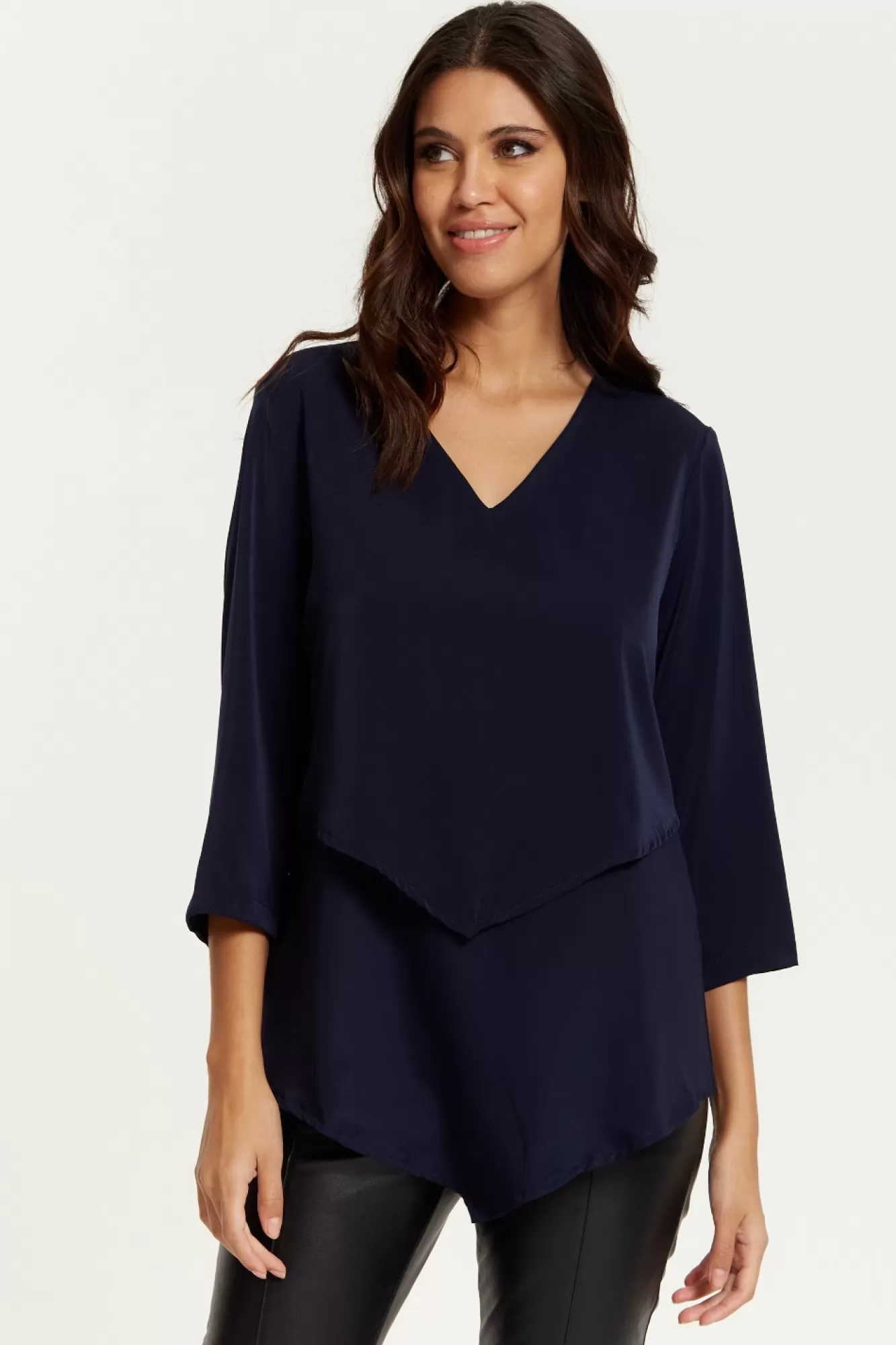 Blouses^Hoxton Gal 3/4 Sleeves V Neck Layered Relaxed Fit Top Navy