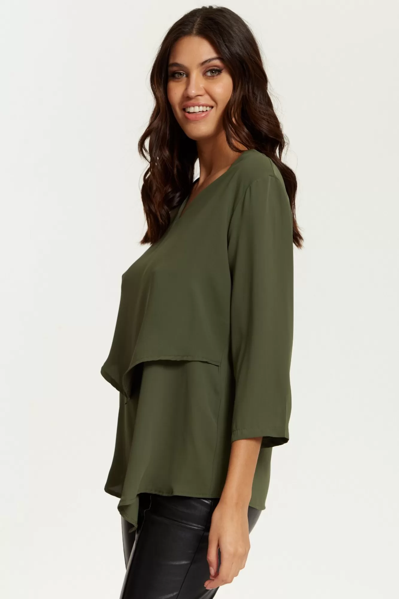 Blouses^Hoxton Gal 3/4 Sleeves V Neck Layered Relaxed Fit Top Khaki