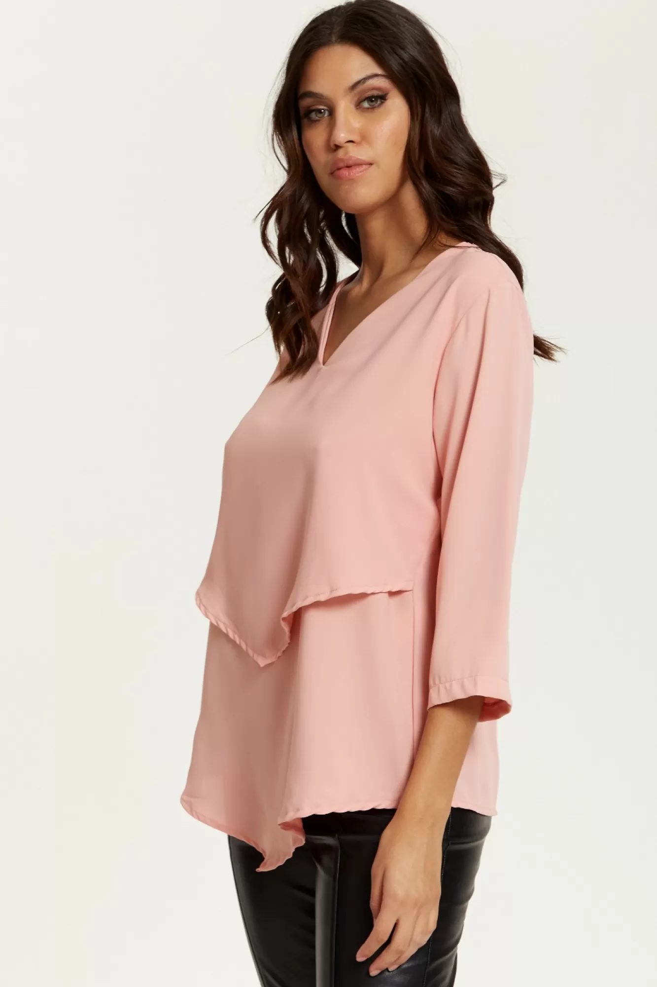 Blouses^Hoxton Gal 3/4 Sleeves V Neck Layered Relaxed Fit Top Pink