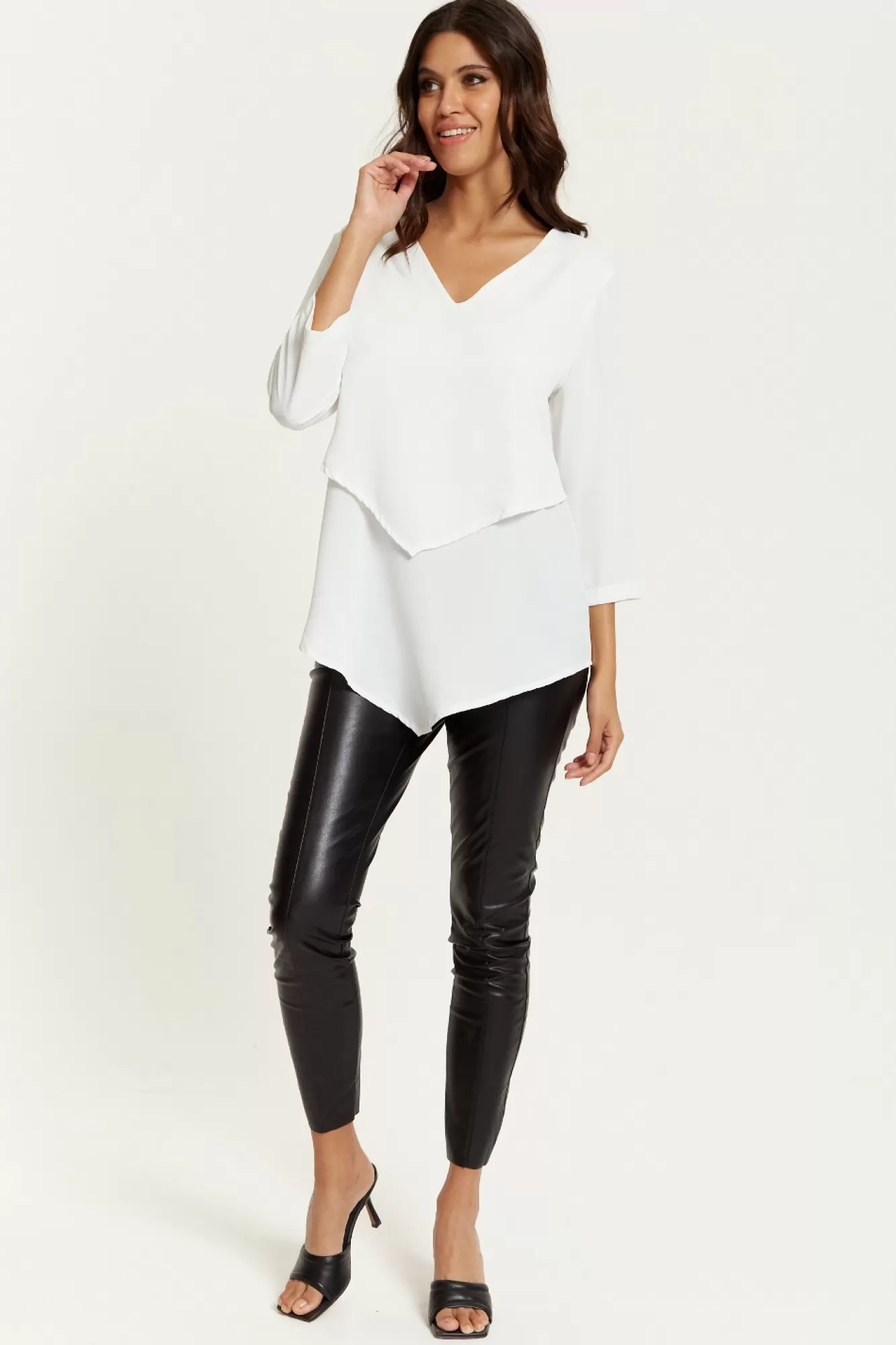 Blouses^Hoxton Gal 3/4 Sleeves V Neck Layered Relaxed Fit Top White
