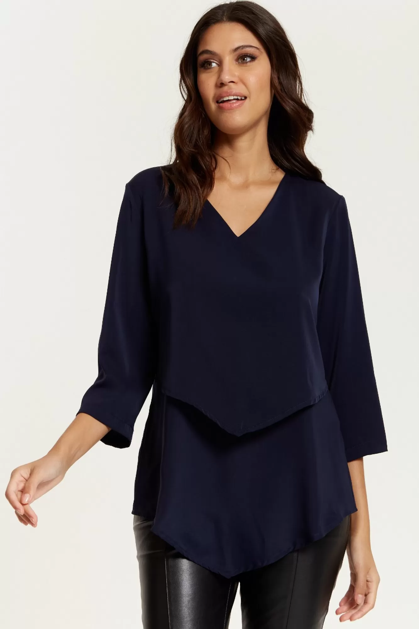 Blouses^Hoxton Gal 3/4 Sleeves V Neck Layered Relaxed Fit Top Navy