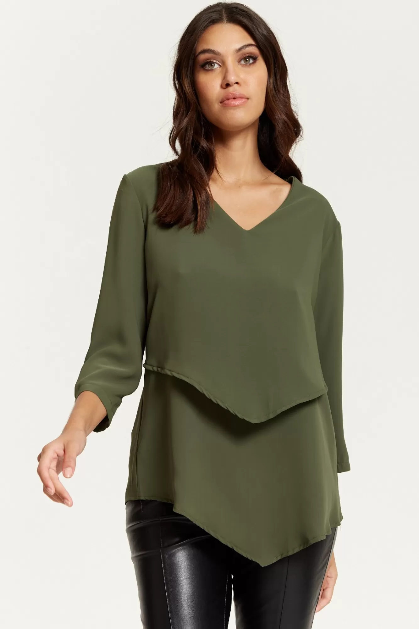 Blouses^Hoxton Gal 3/4 Sleeves V Neck Layered Relaxed Fit Top Khaki