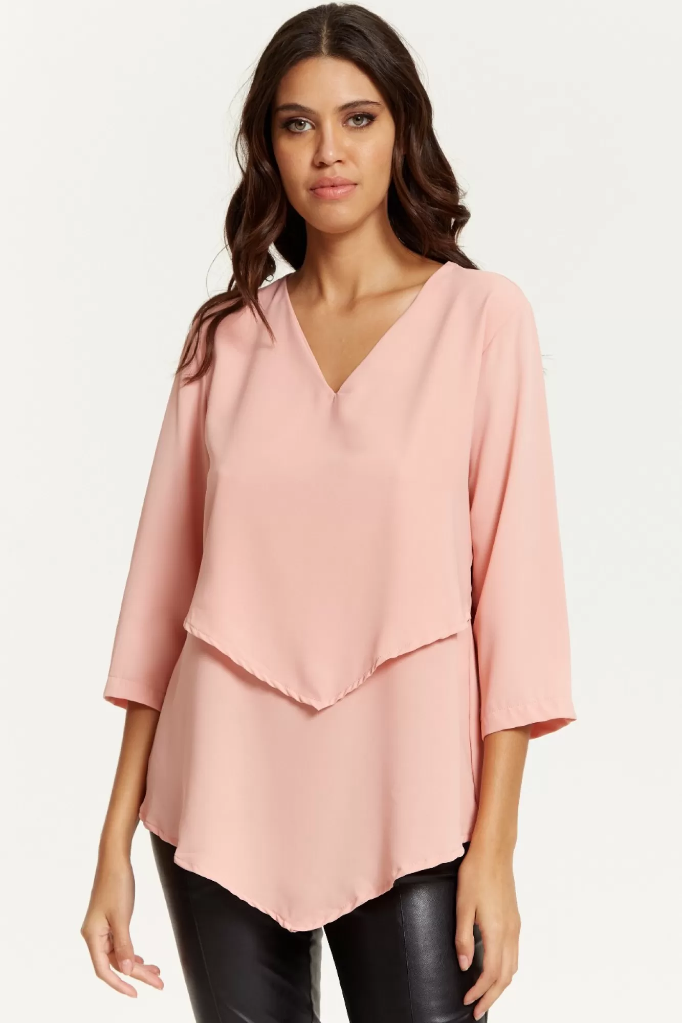 Blouses^Hoxton Gal 3/4 Sleeves V Neck Layered Relaxed Fit Top Pink