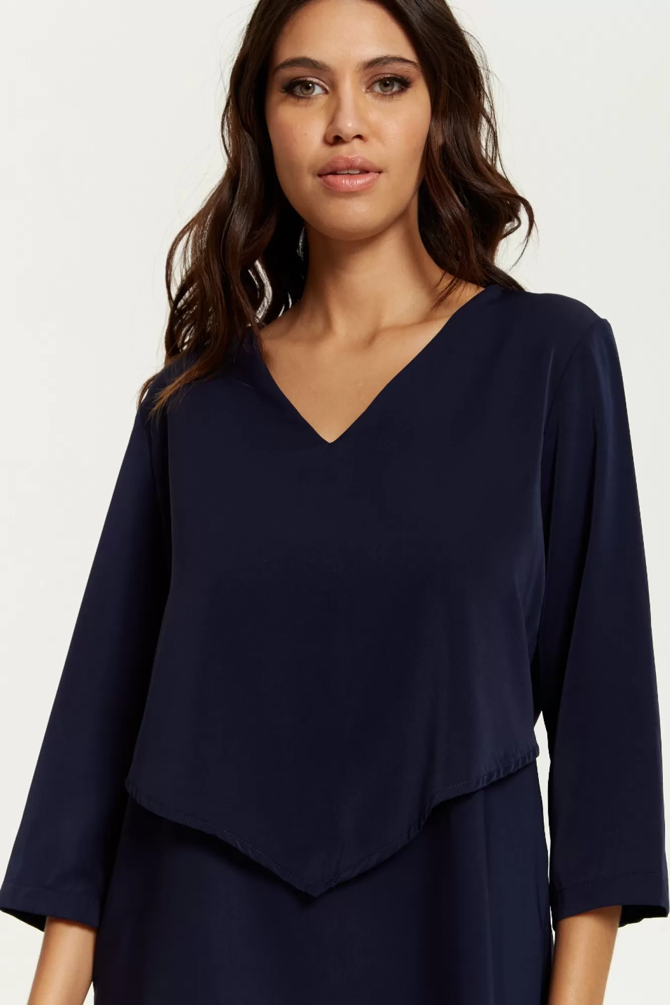 Blouses^Hoxton Gal 3/4 Sleeves V Neck Layered Relaxed Fit Top Navy