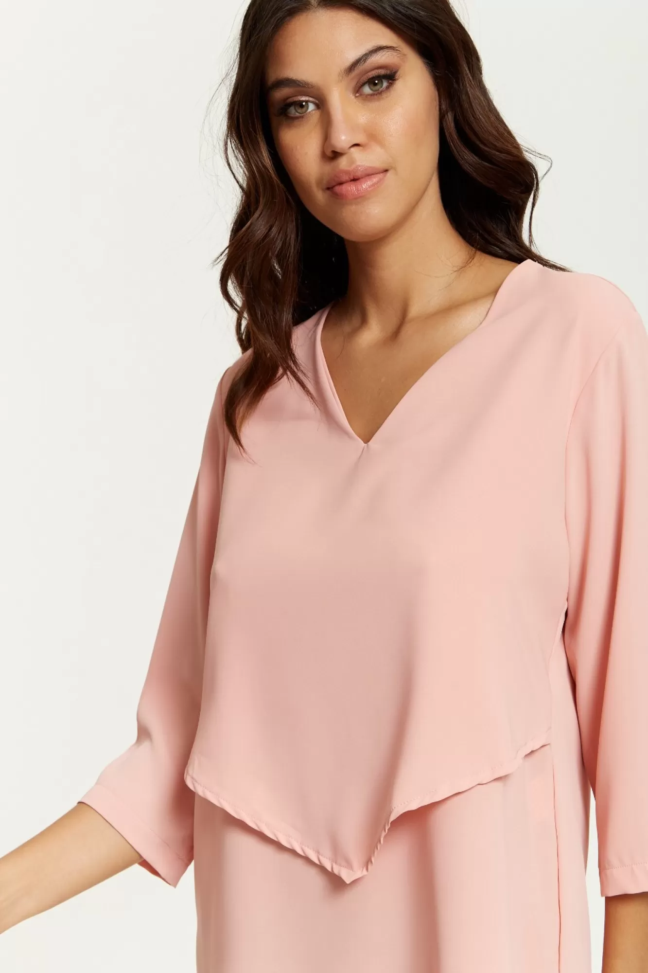 Blouses^Hoxton Gal 3/4 Sleeves V Neck Layered Relaxed Fit Top Pink