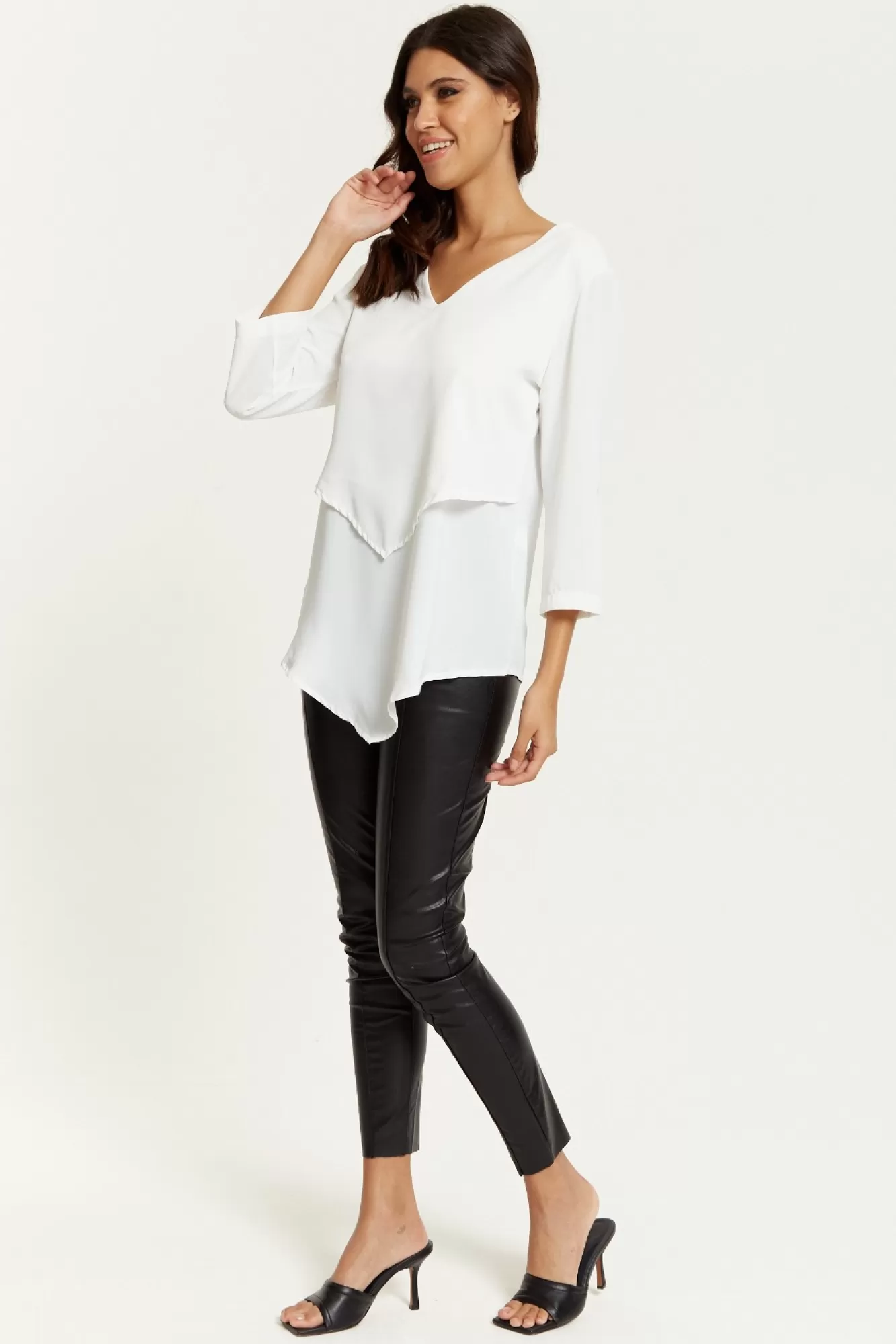 Blouses^Hoxton Gal 3/4 Sleeves V Neck Layered Relaxed Fit Top White