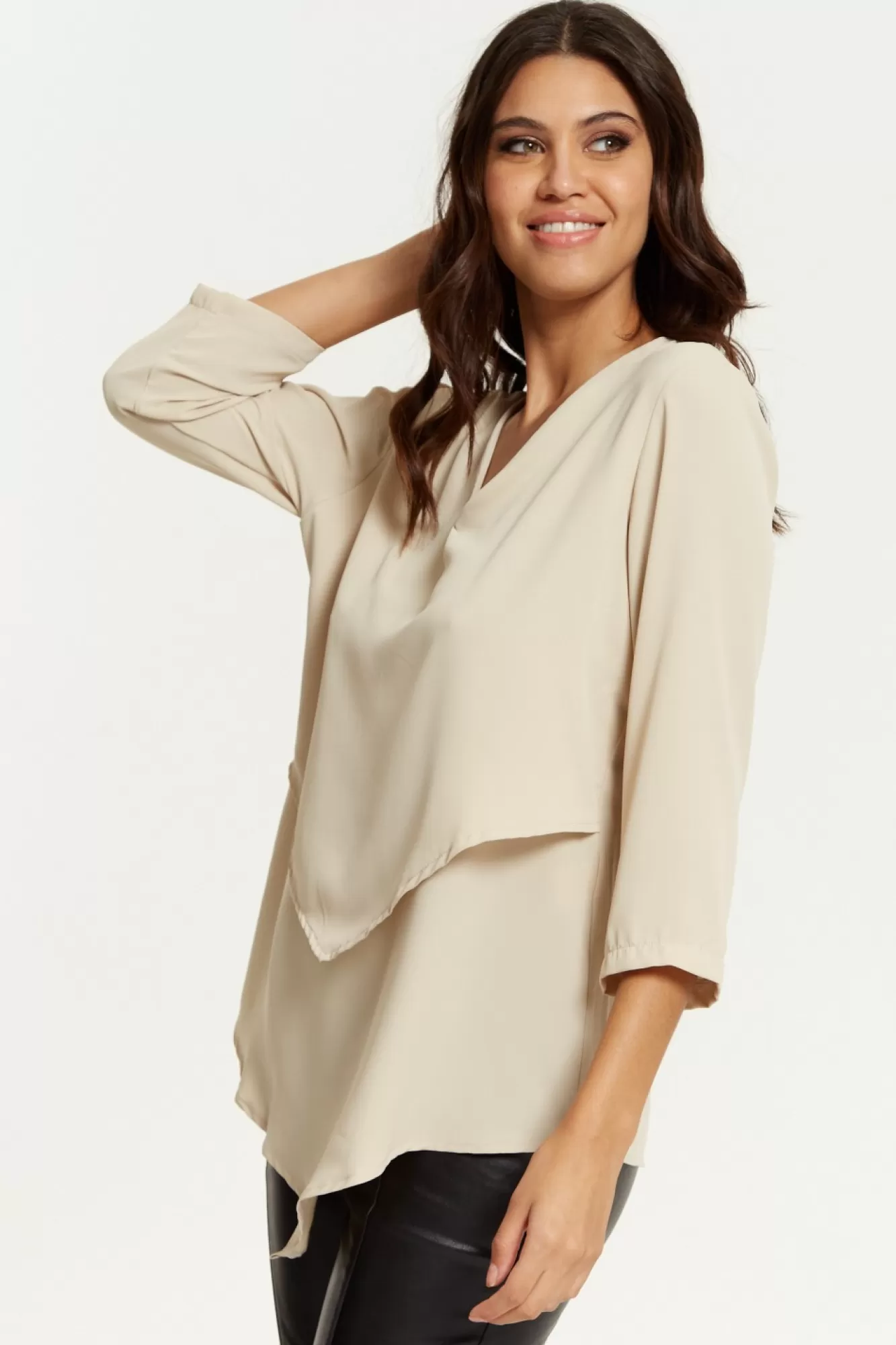 Blouses^Hoxton Gal 3/4 Sleeves V Neck Layered Relaxed Fit Top Beige