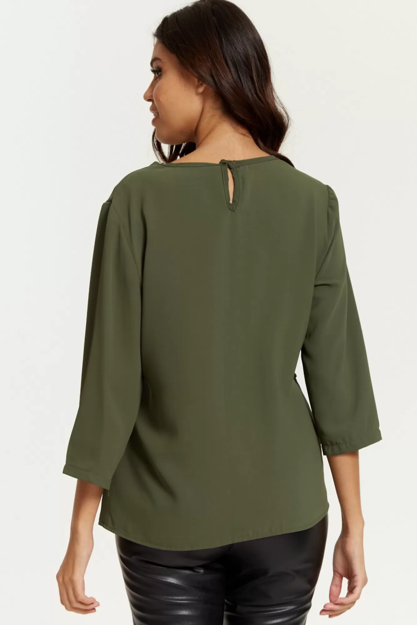 Blouses^Hoxton Gal 3/4 Sleeves V Neck Layered Relaxed Fit Top Khaki