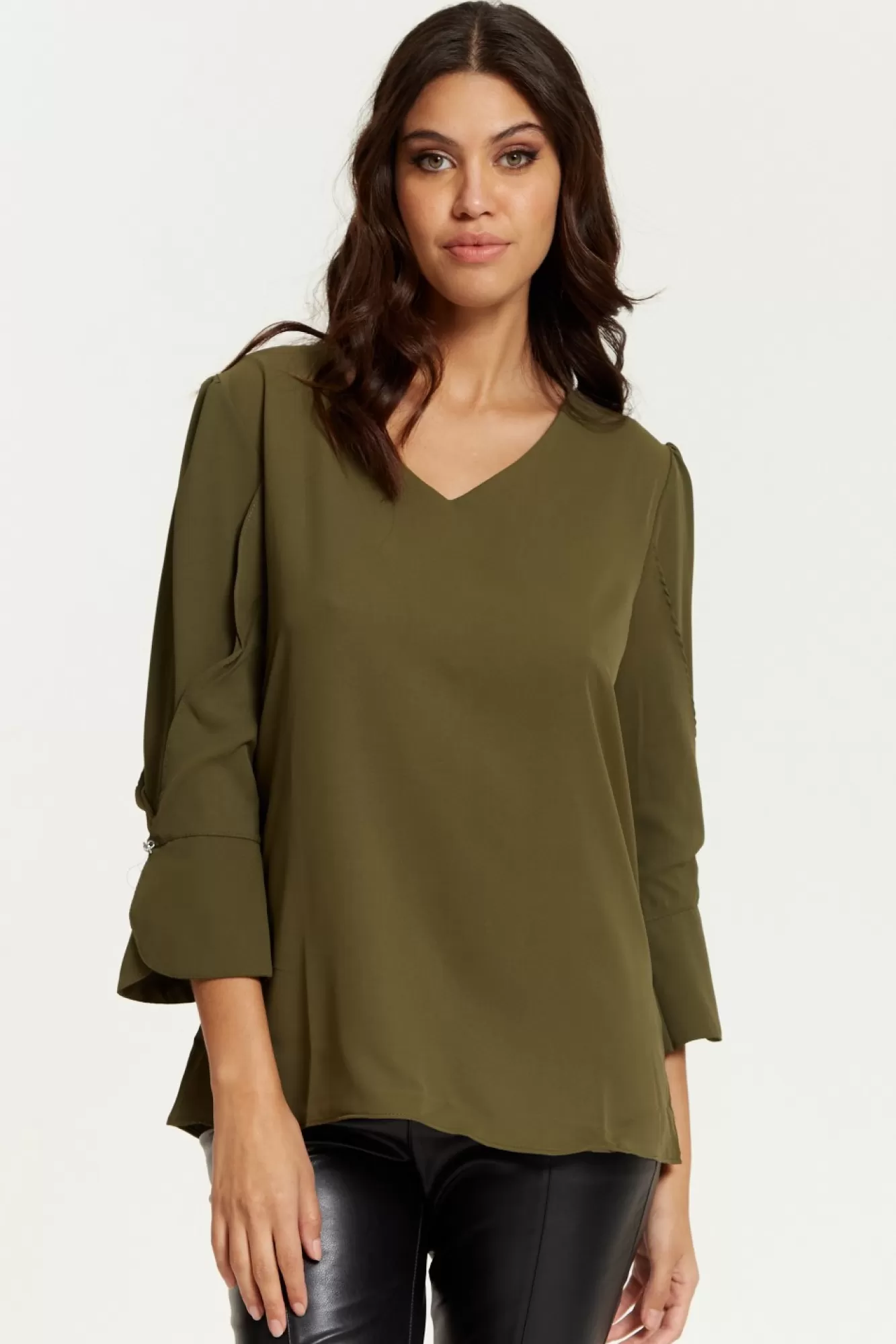 Blouses^Hoxton Gal Long Sleeves Detailed Cuff Blouse With V Neck Khaki
