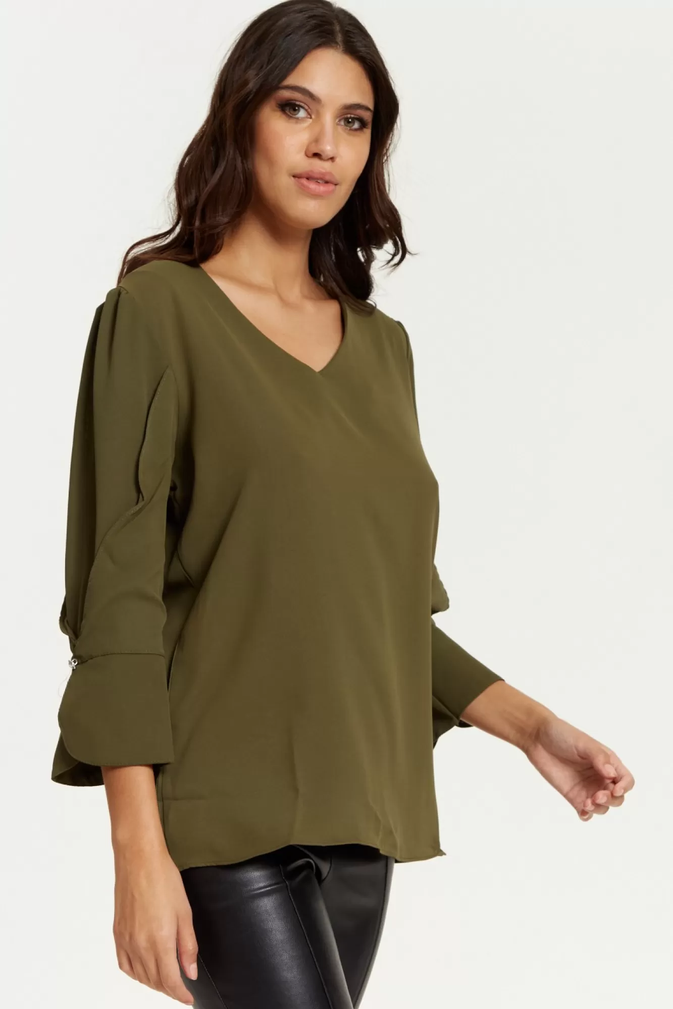 Blouses^Hoxton Gal Long Sleeves Detailed Cuff Blouse With V Neck Khaki