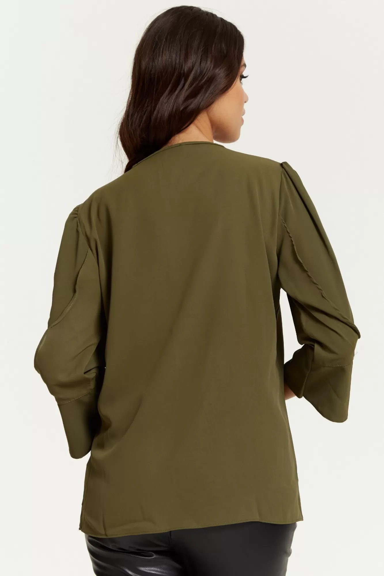 Blouses^Hoxton Gal Long Sleeves Detailed Cuff Blouse With V Neck Khaki