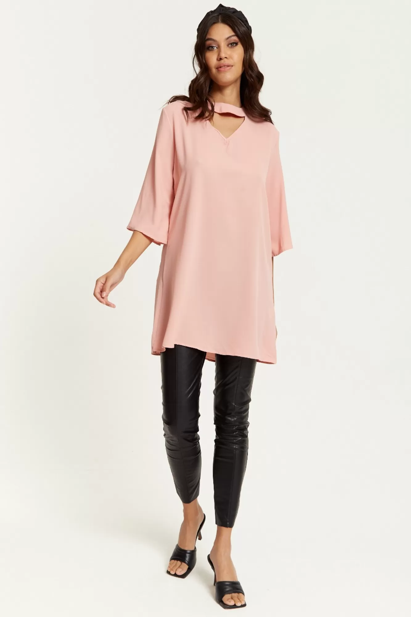 Blouses^Hoxton Gal Oversized Detailed Neckline Tunic Pink