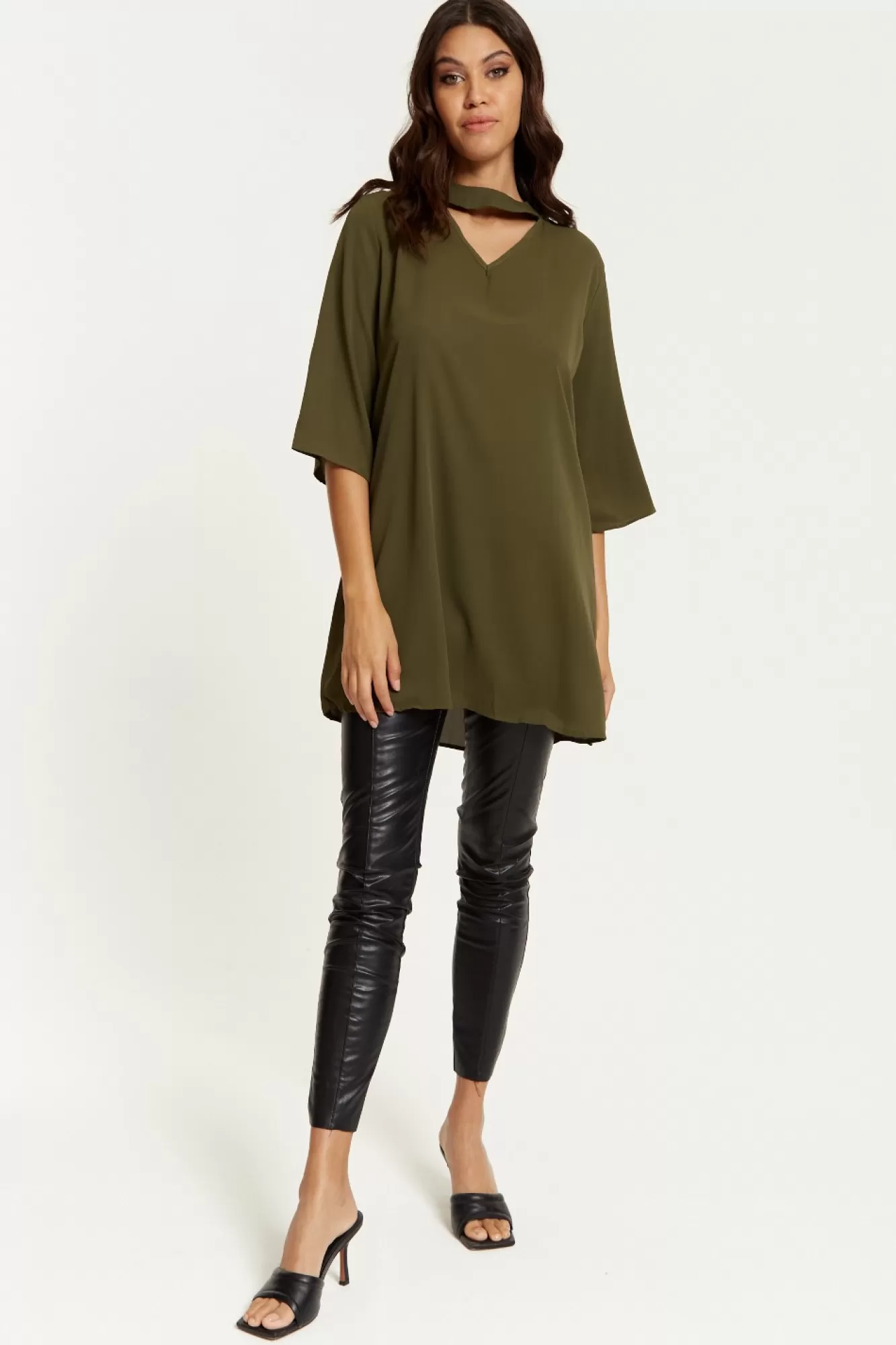 Blouses^Hoxton Gal Oversized Detailed Neckline Tunic Khaki