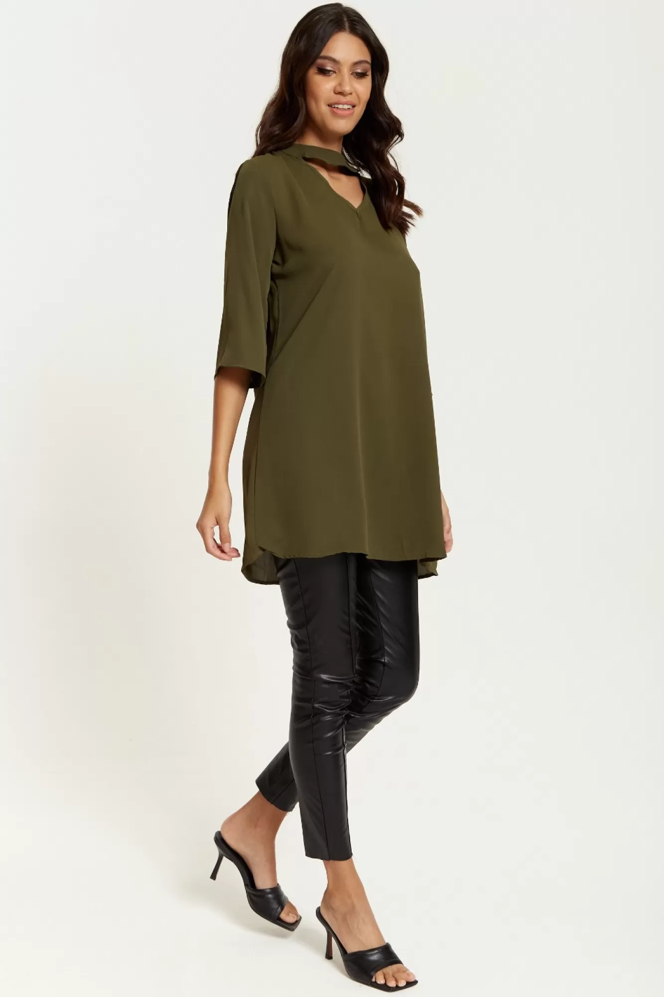 Blouses^Hoxton Gal Oversized Detailed Neckline Tunic Khaki