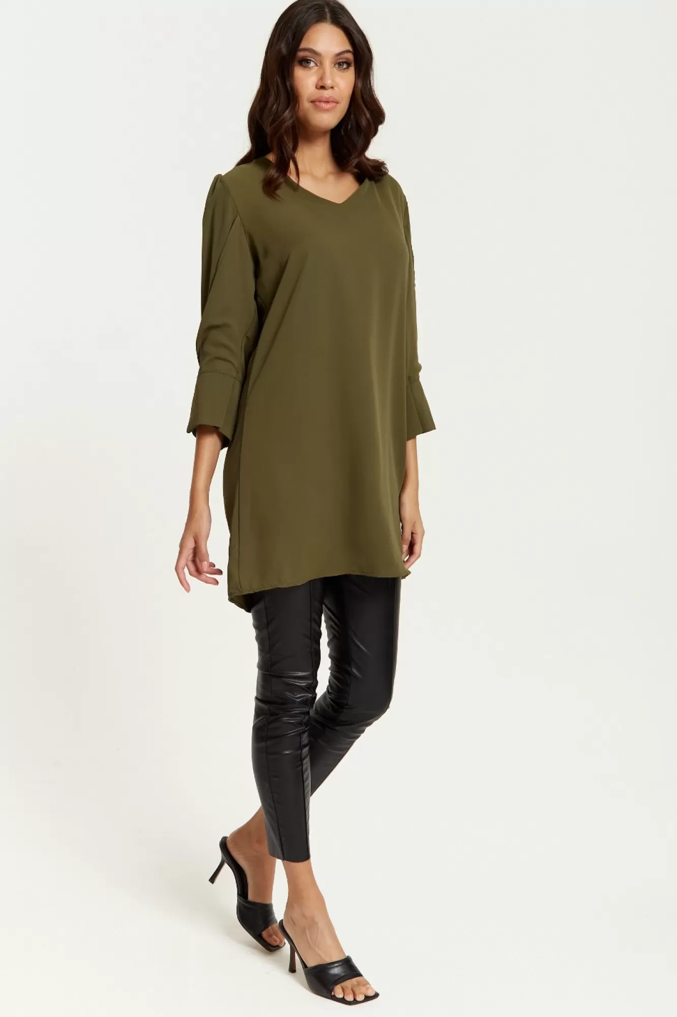 Blouses^Hoxton Gal Oversized Detailed Sleeves V Neck Tunic In Khaki