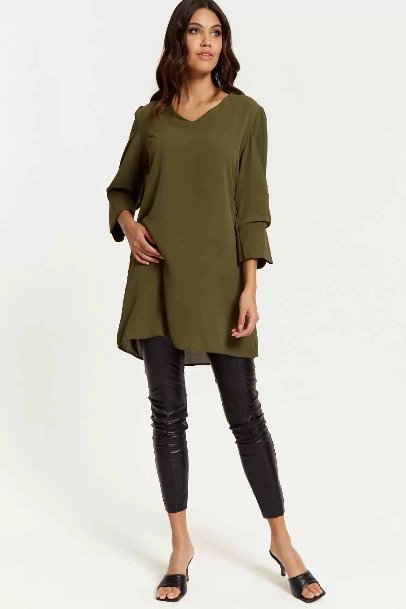 Blouses^Hoxton Gal Oversized Detailed Sleeves V Neck Tunic In Khaki
