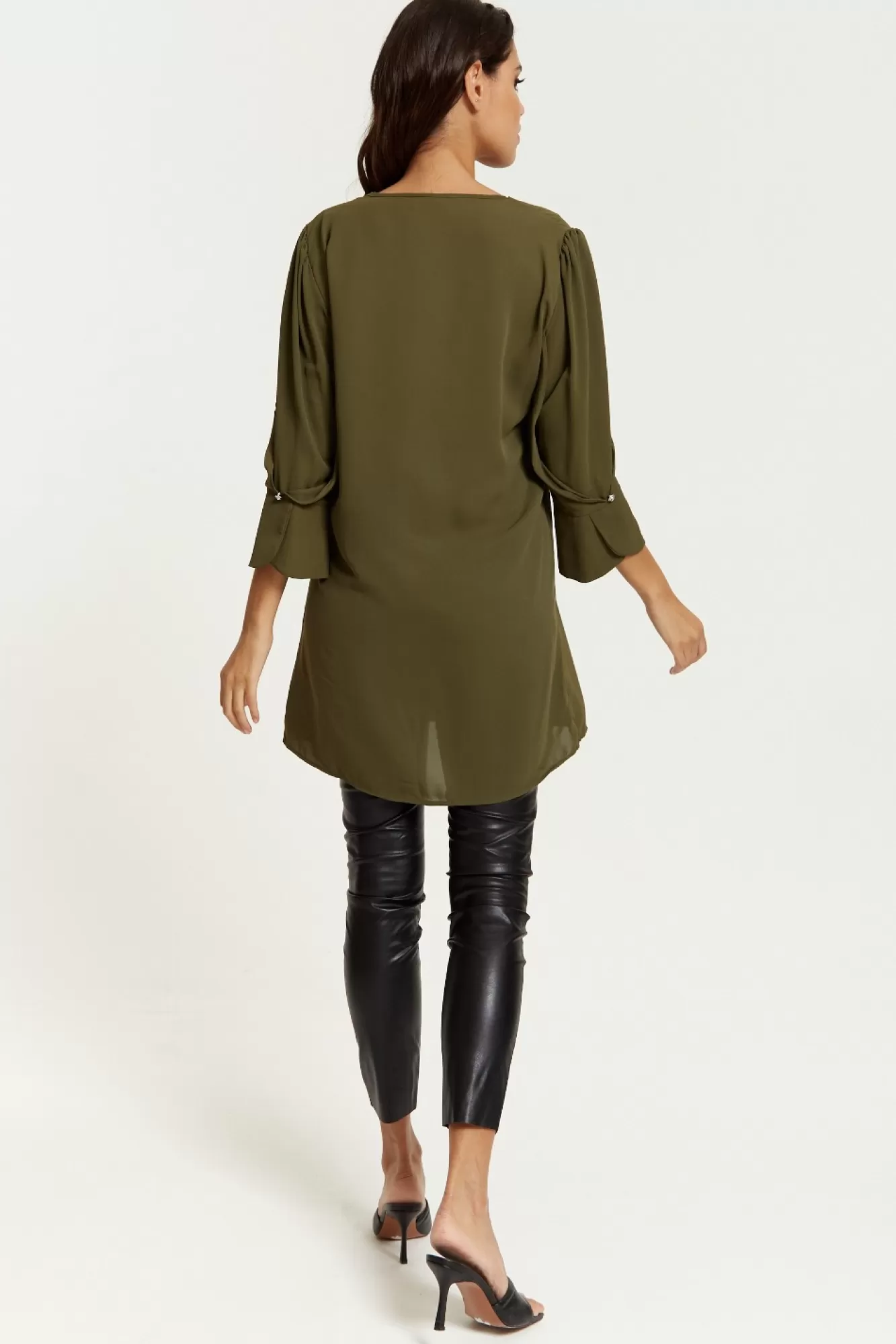 Blouses^Hoxton Gal Oversized Detailed Sleeves V Neck Tunic In Khaki