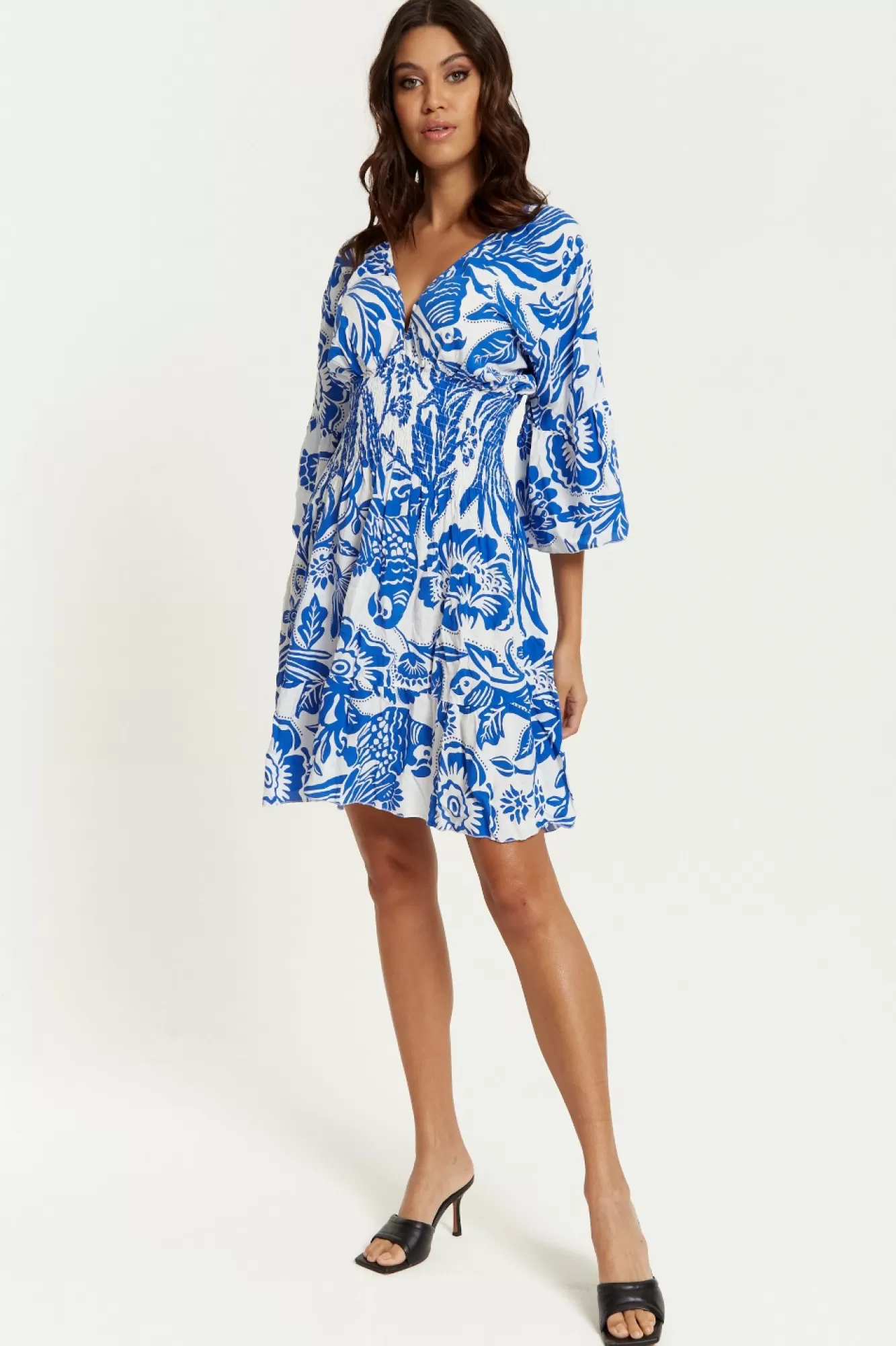 Mini Dresses^Hoxton Gal Oversized V Neck Detailed Floral Print Mini Dress Bluewhite