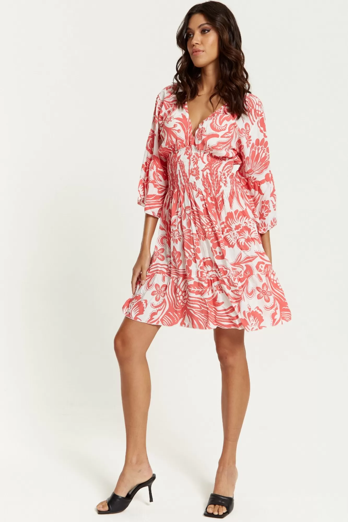 Mini Dresses^Hoxton Gal Oversized V Neck Detailed Floral Print Mini Dress Redwhite