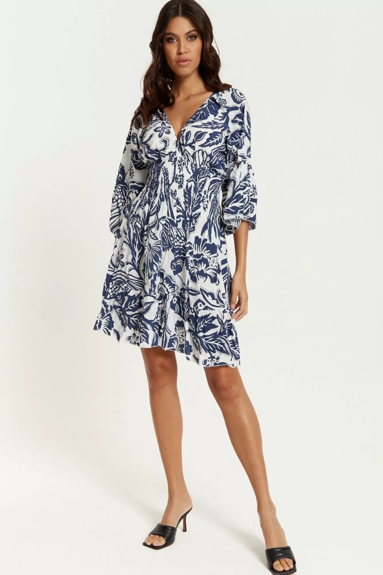 Mini Dresses^Hoxton Gal Oversized V Neck Detailed Floral Print Mini Dress Navywhite