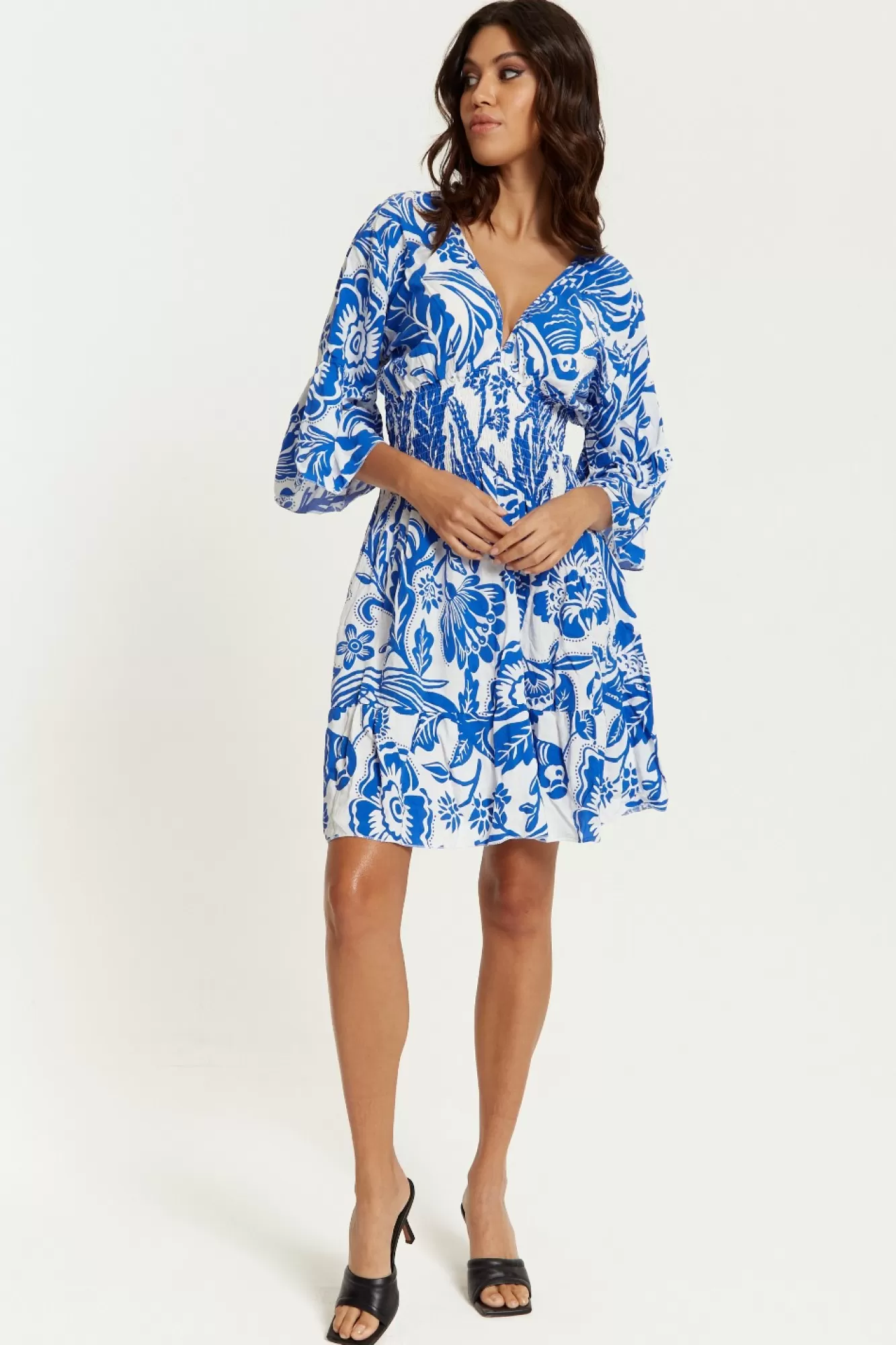 Mini Dresses^Hoxton Gal Oversized V Neck Detailed Floral Print Mini Dress Bluewhite