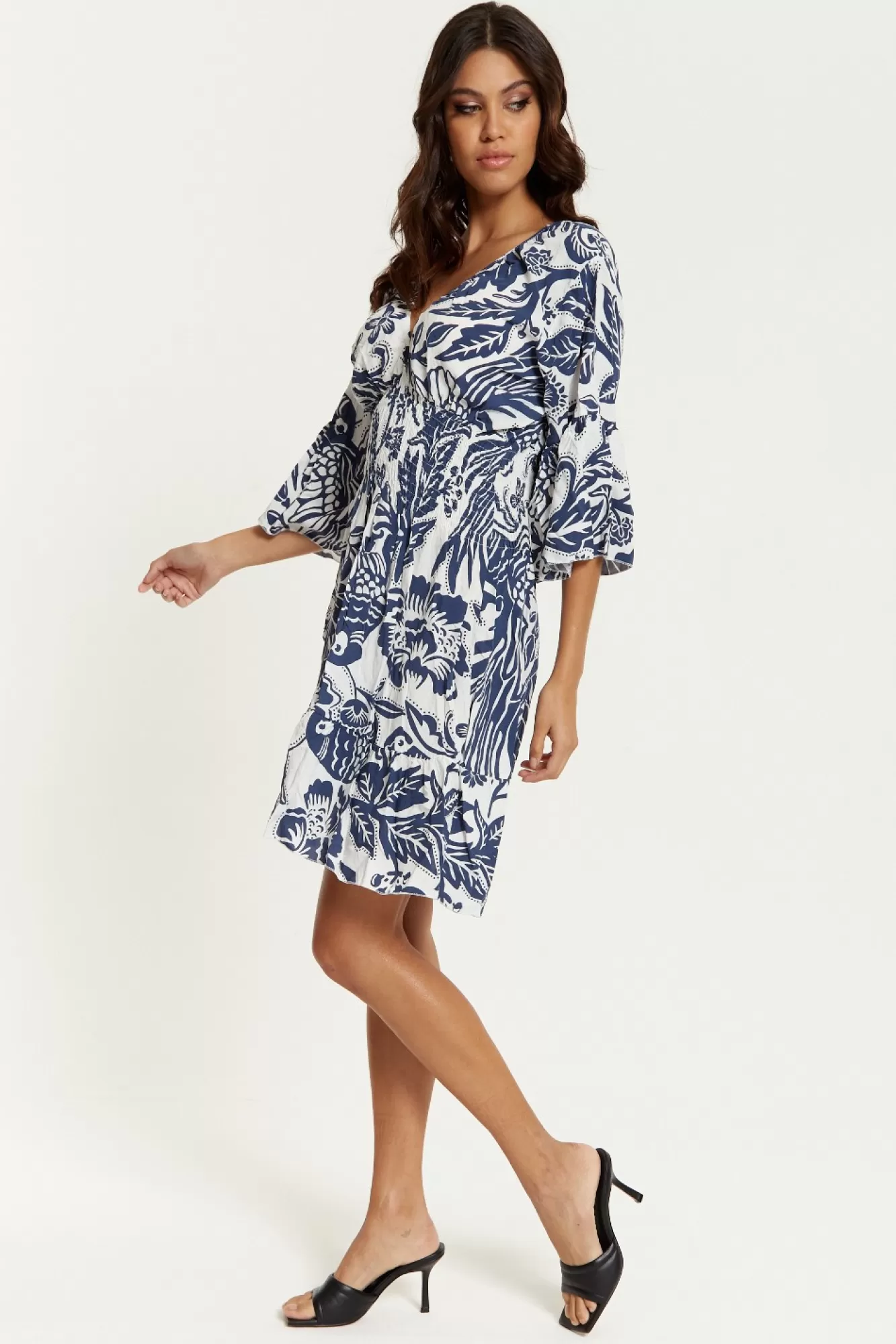 Mini Dresses^Hoxton Gal Oversized V Neck Detailed Floral Print Mini Dress Navywhite