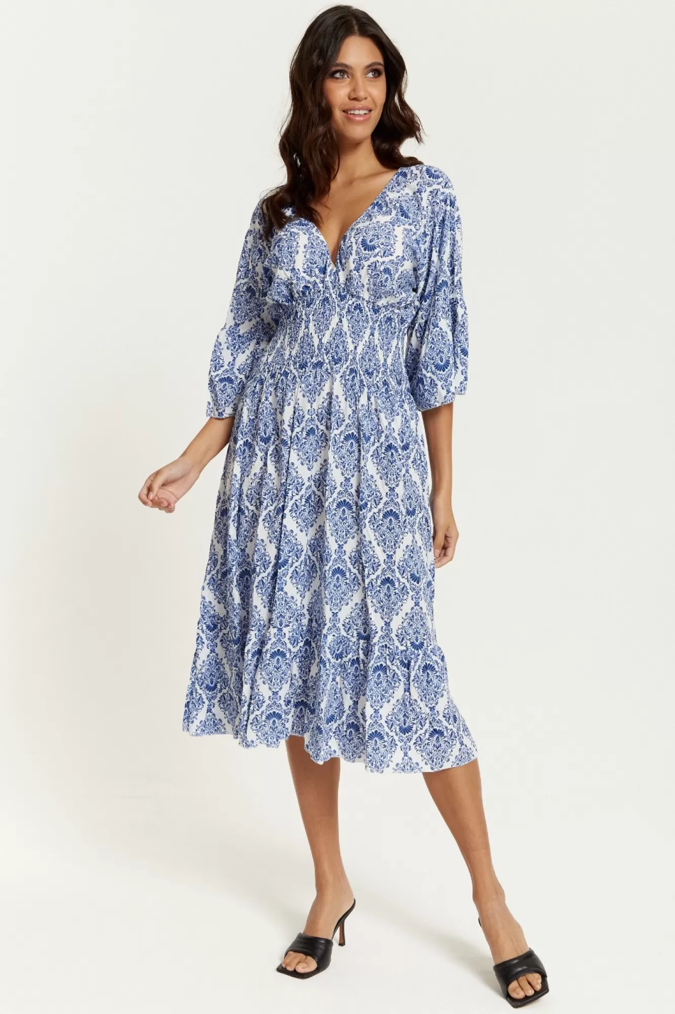 Midi Dresses^Hoxton Gal Oversized V Neck Detailed Printed Midi Dress Blue