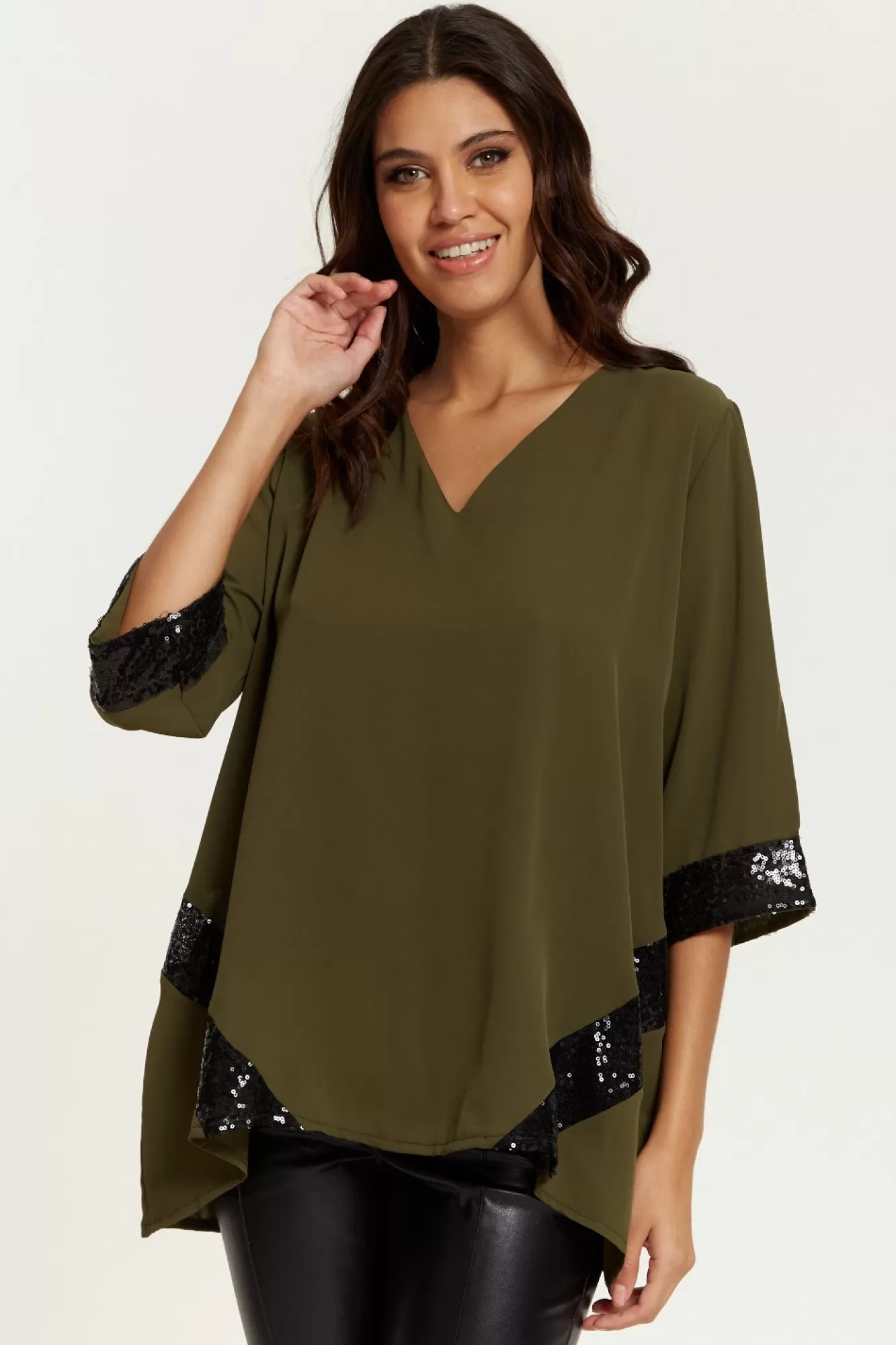 Blouses^Hoxton Gal Oversized V Neck Sequin Detailed Satin Top Khaki