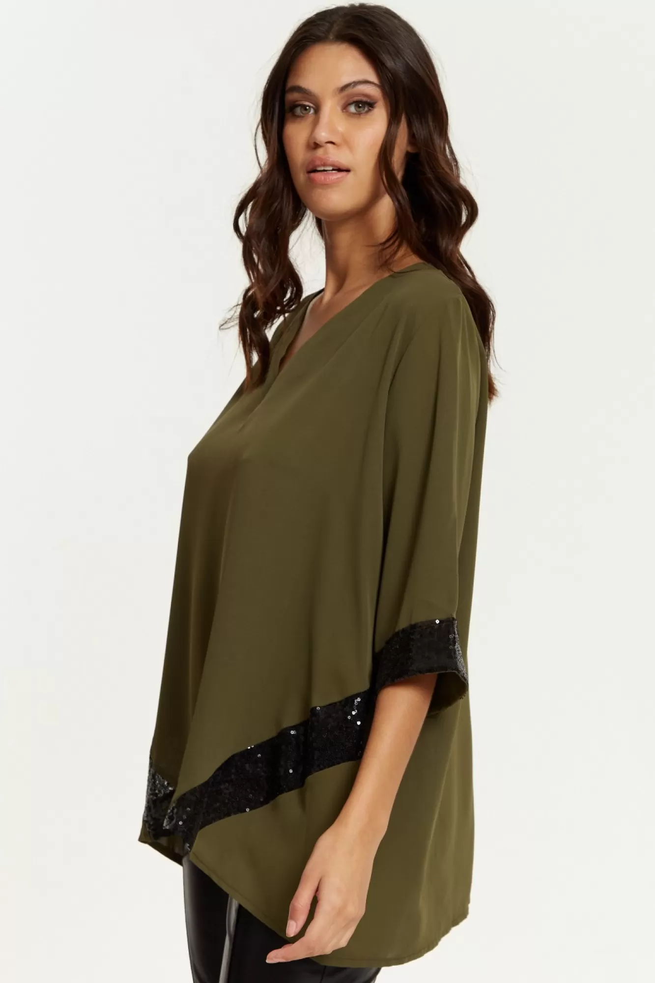 Blouses^Hoxton Gal Oversized V Neck Sequin Detailed Satin Top Khaki