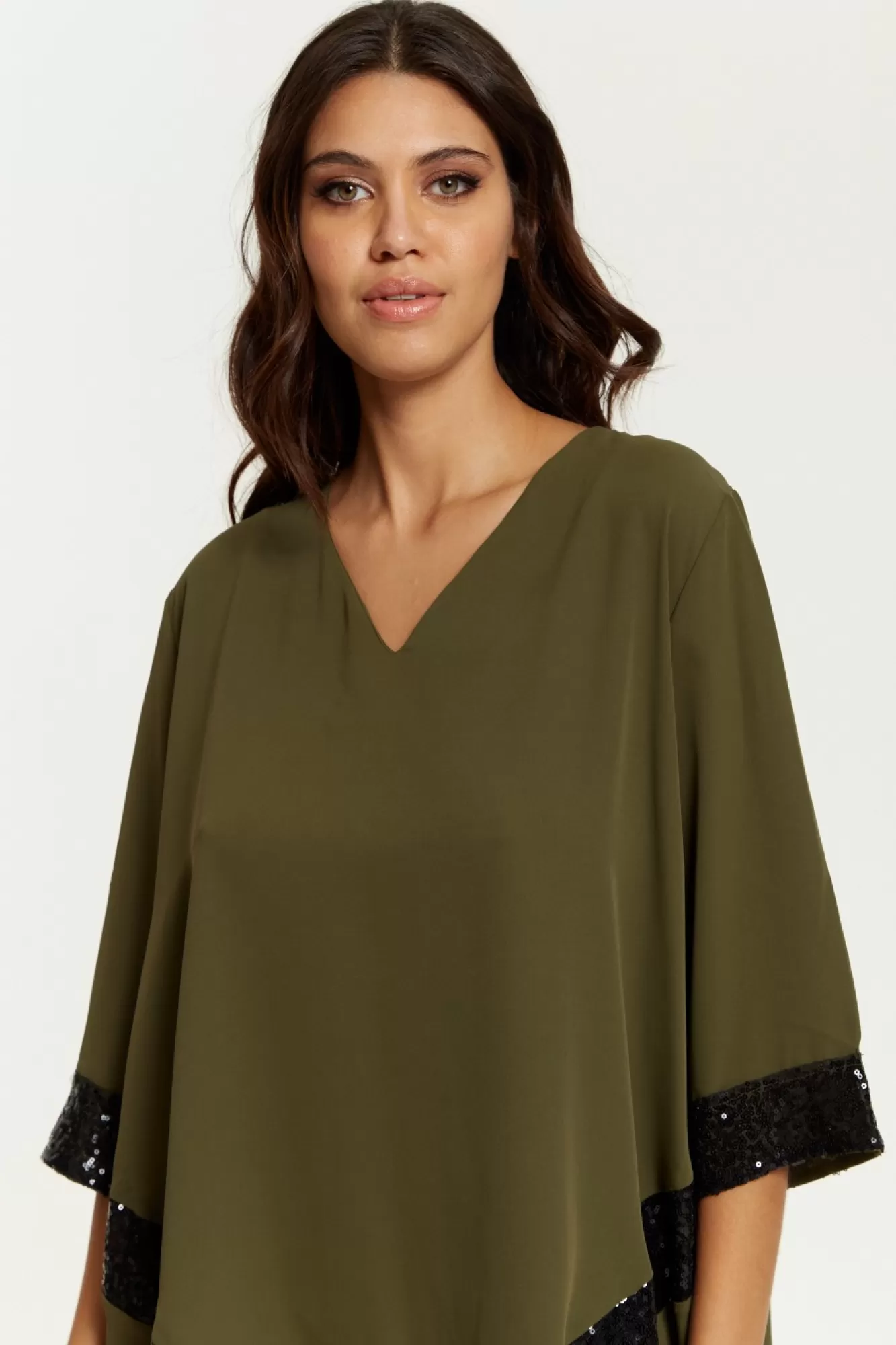 Blouses^Hoxton Gal Oversized V Neck Sequin Detailed Satin Top Khaki